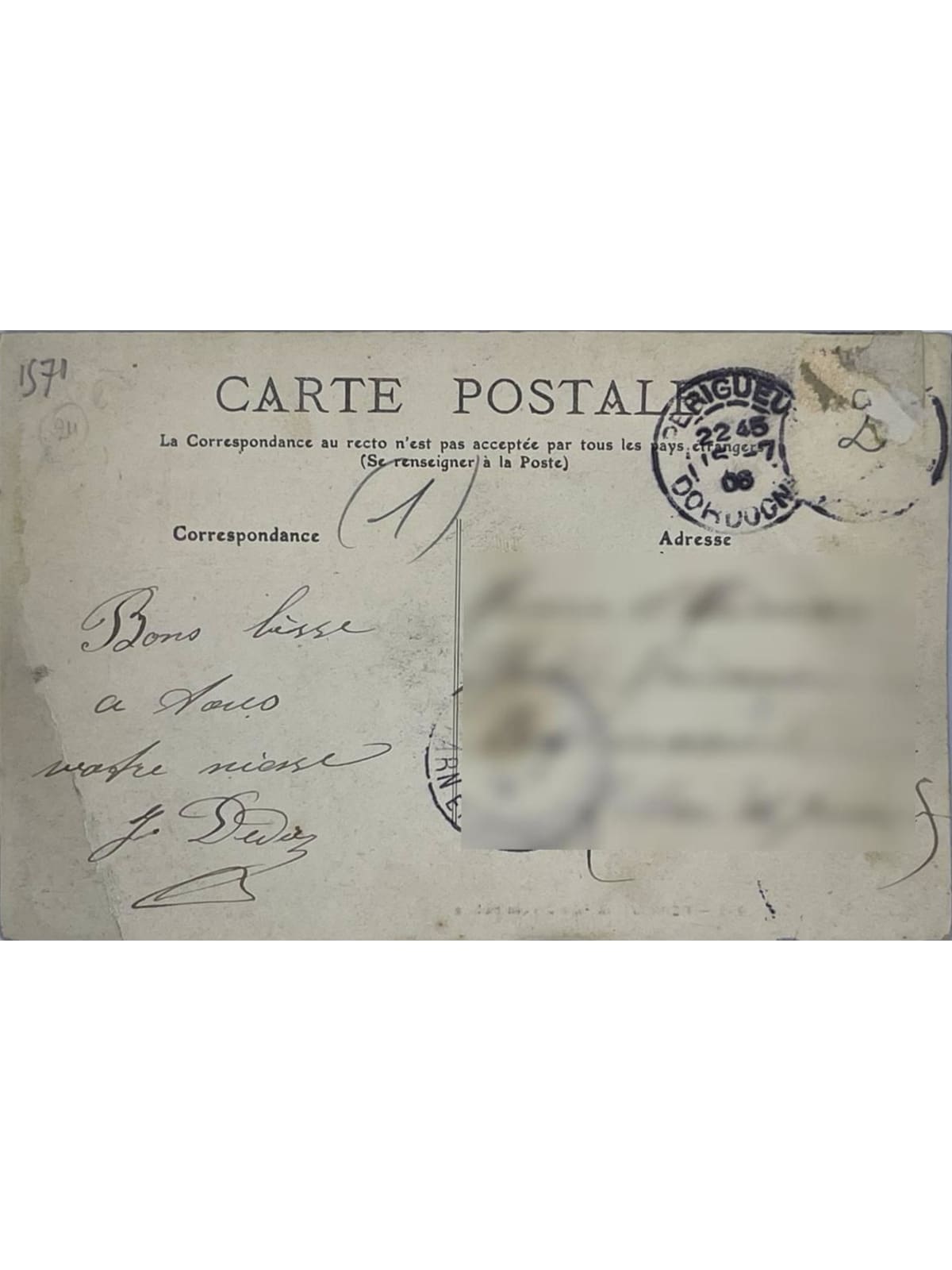 Verso de la carte postale