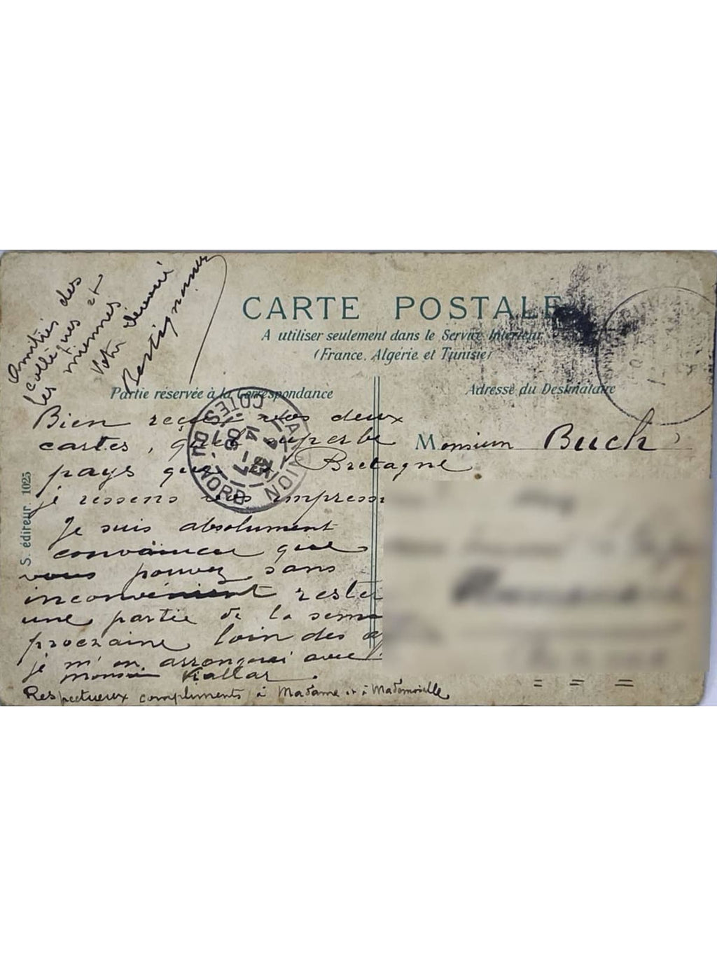 Verso de la carte postale