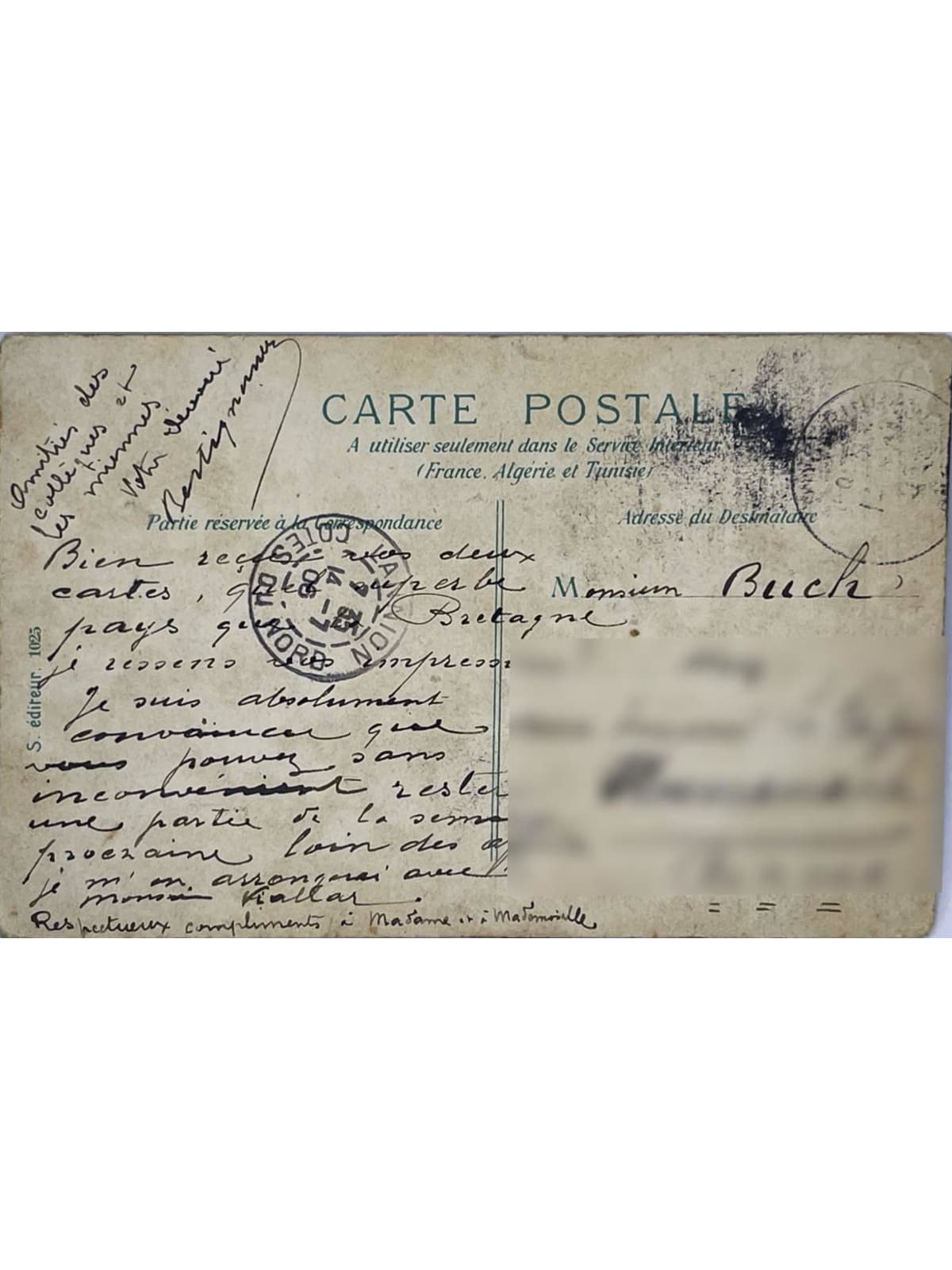 Verso de la carte postale