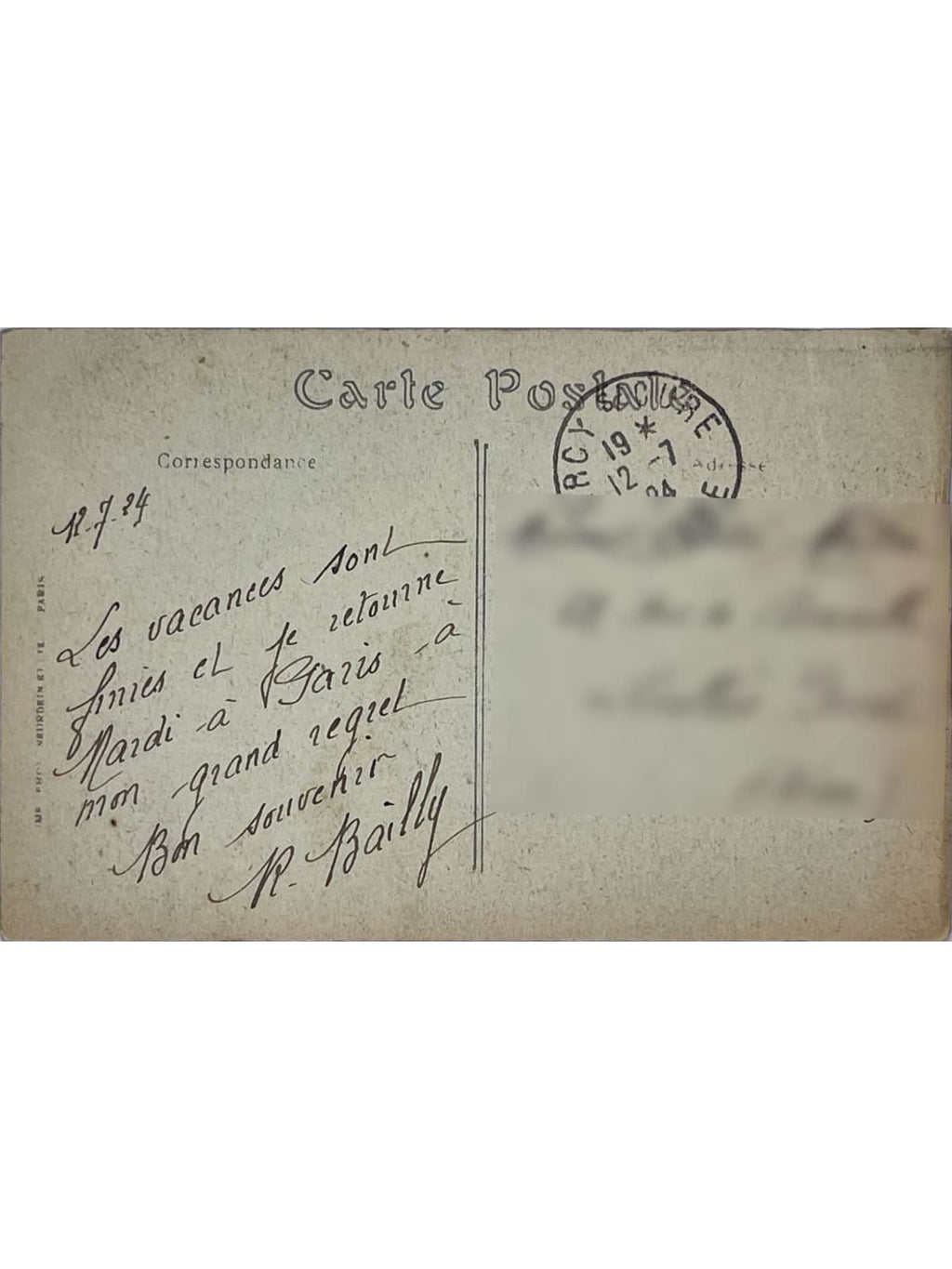 Verso de la carte postale