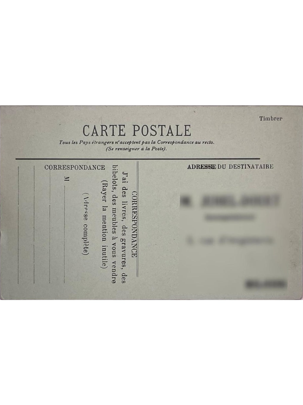 Verso de la carte postale
