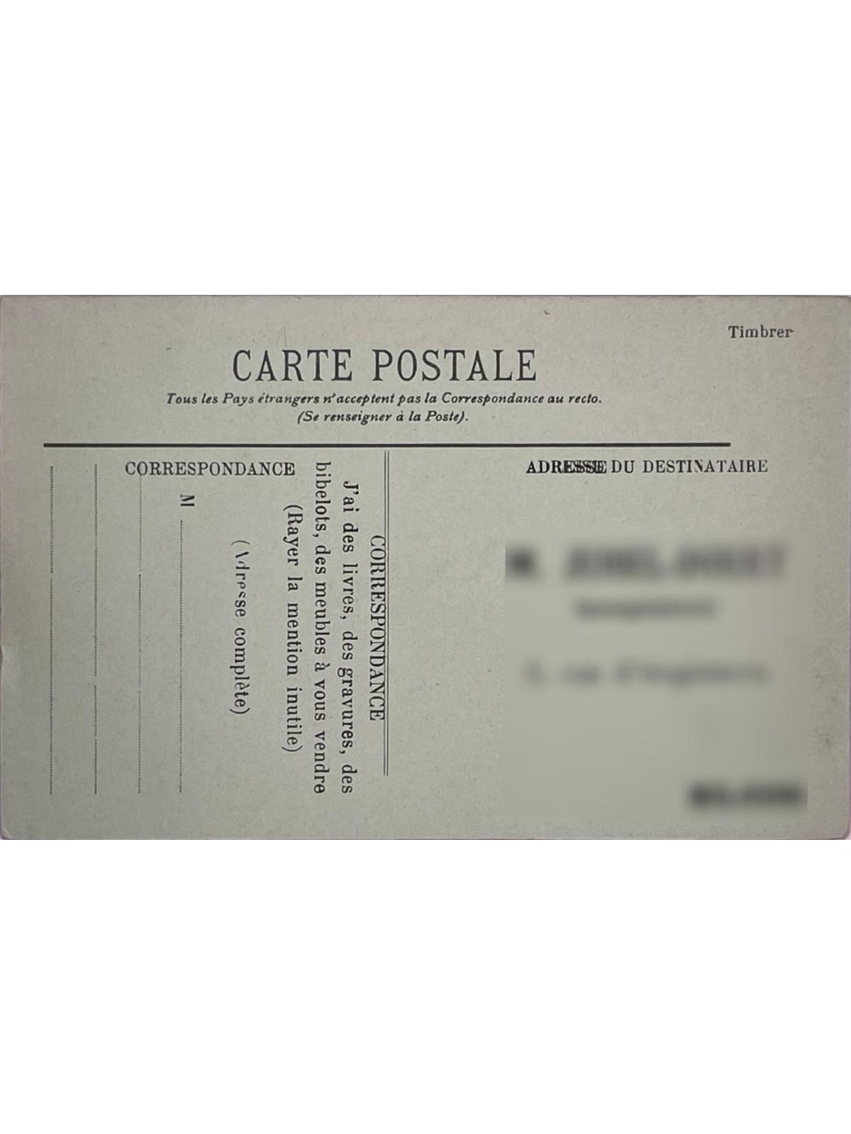 Verso de la carte postale