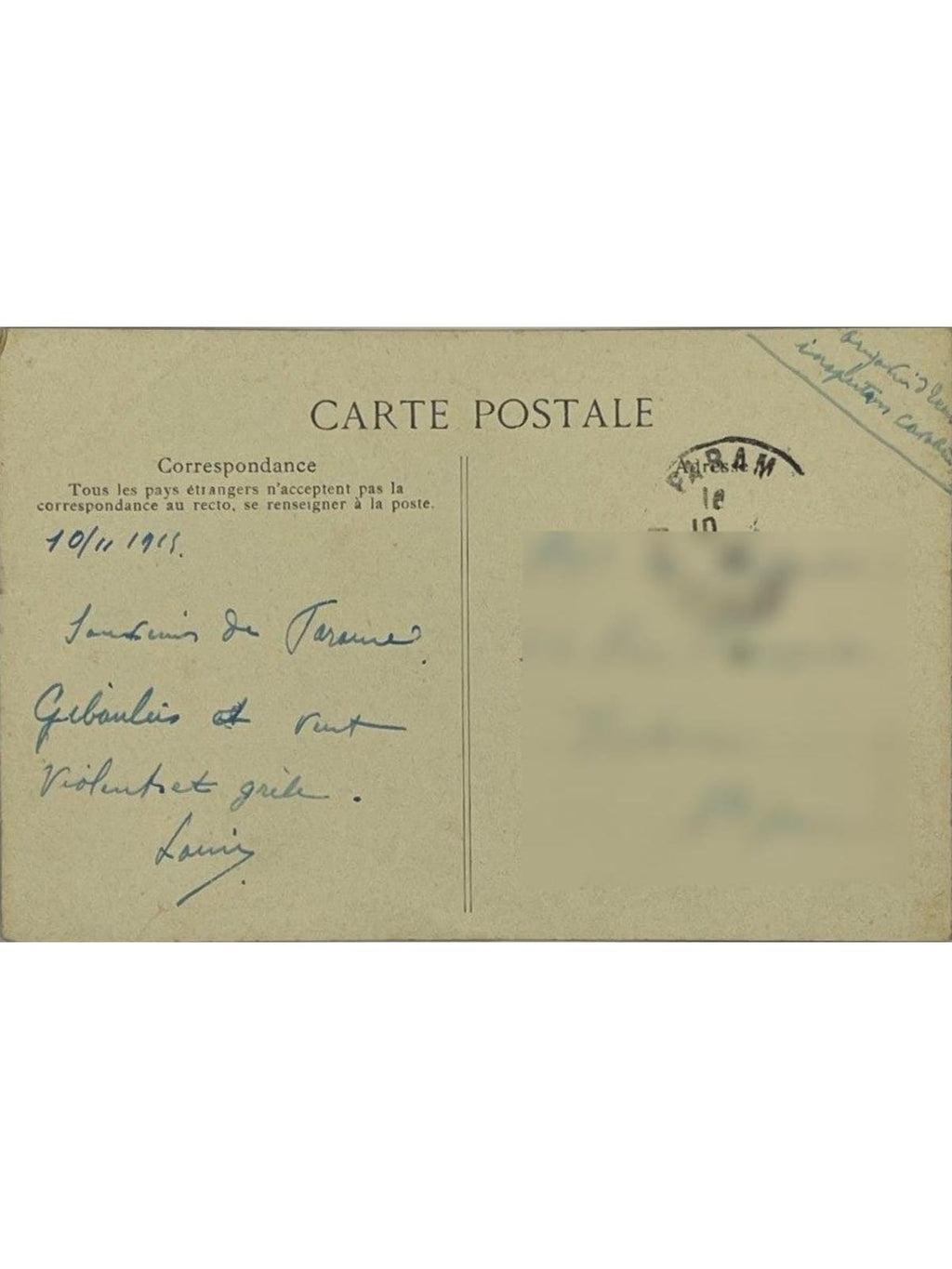Verso de la carte postale