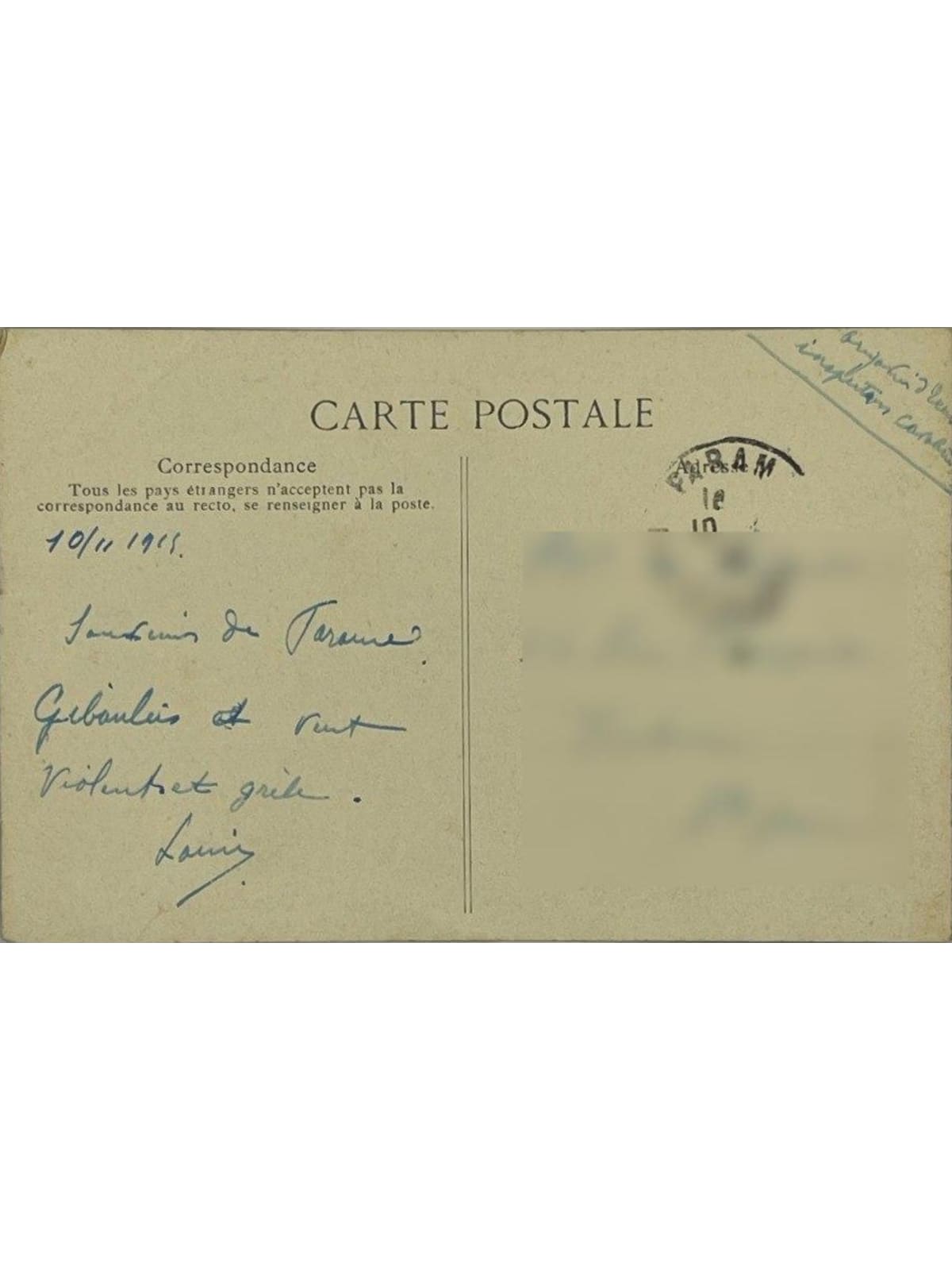 Verso de la carte postale