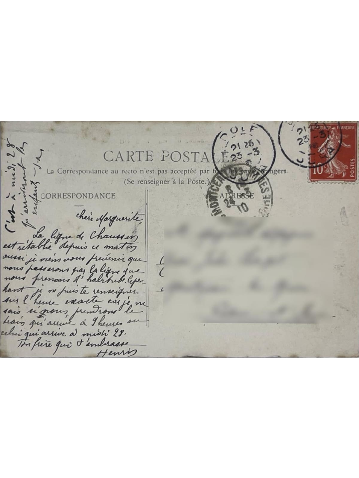 Verso de la carte postale