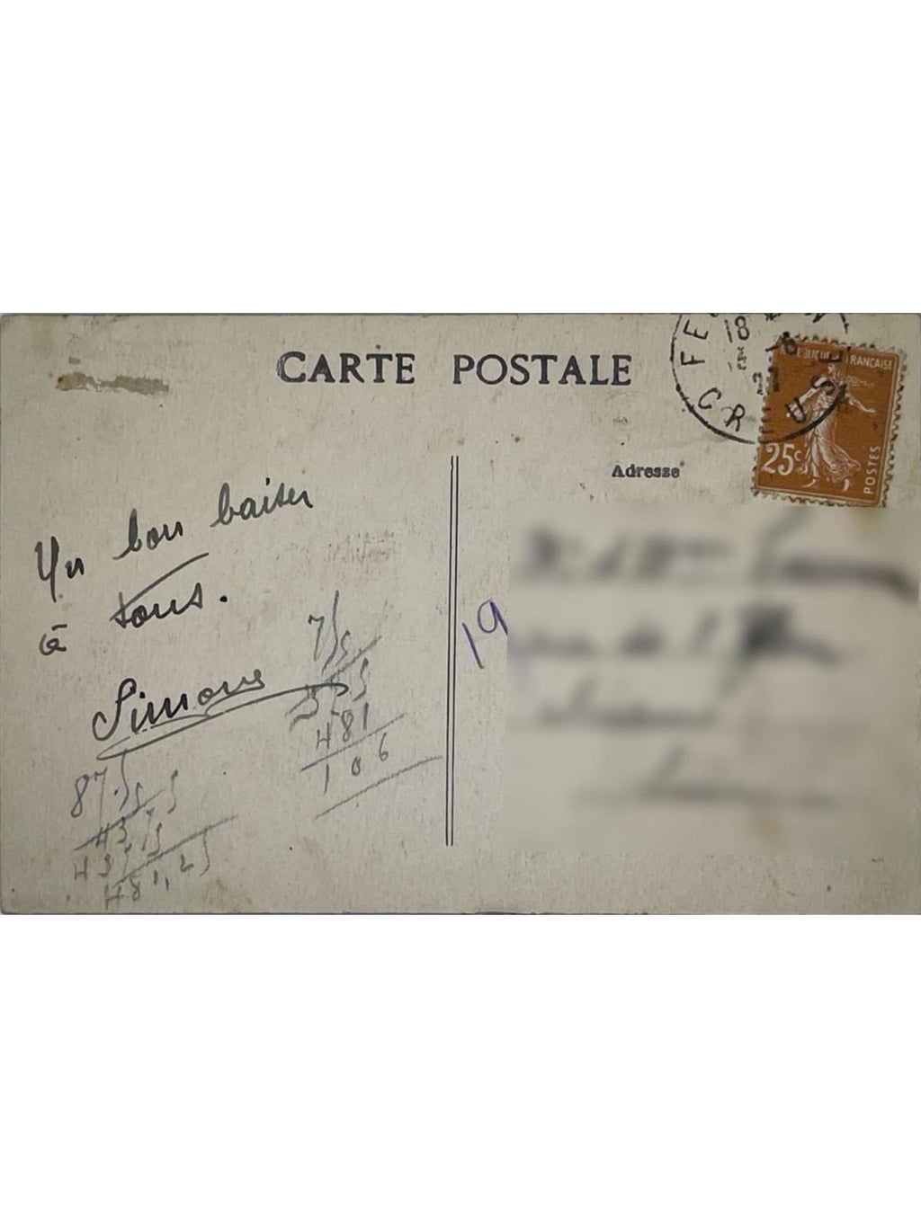 Verso de la carte postale