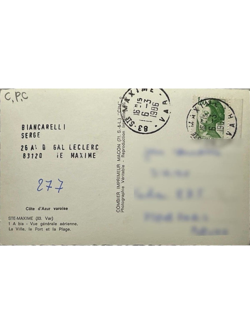 Verso de la carte postale