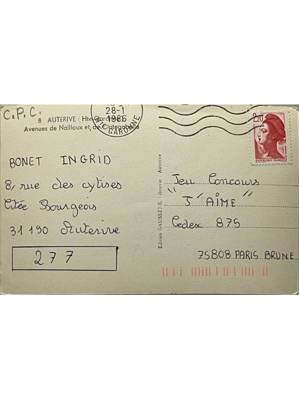 Verso de la carte postale