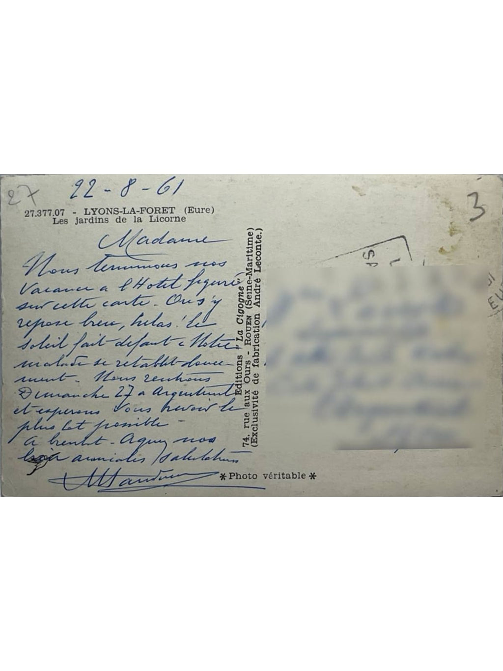 Verso de la carte postale