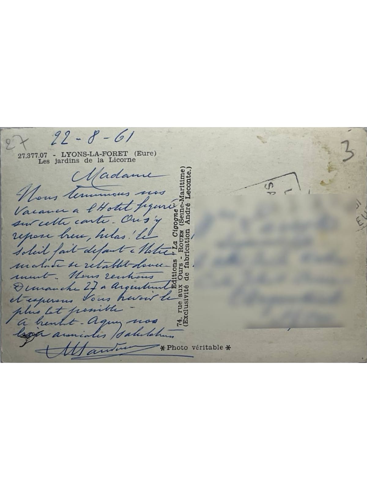Verso de la carte postale