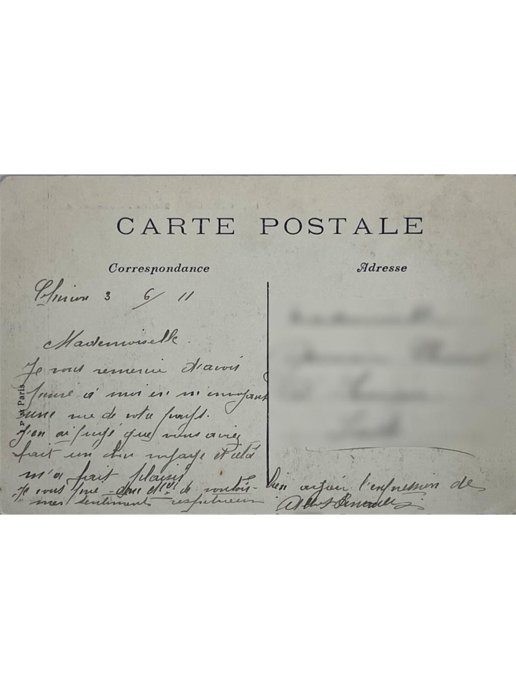 Verso de la carte postale