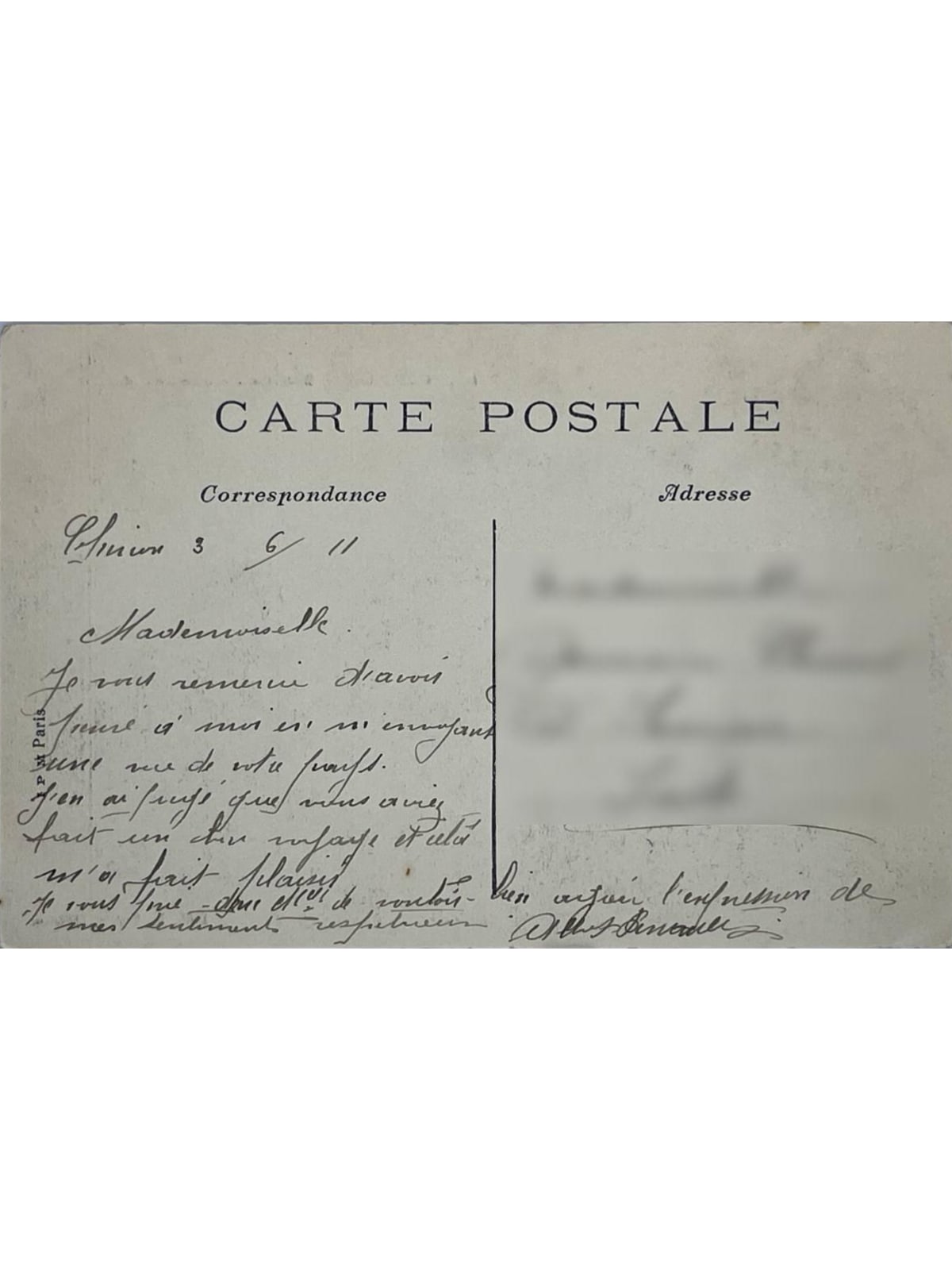 Verso de la carte postale