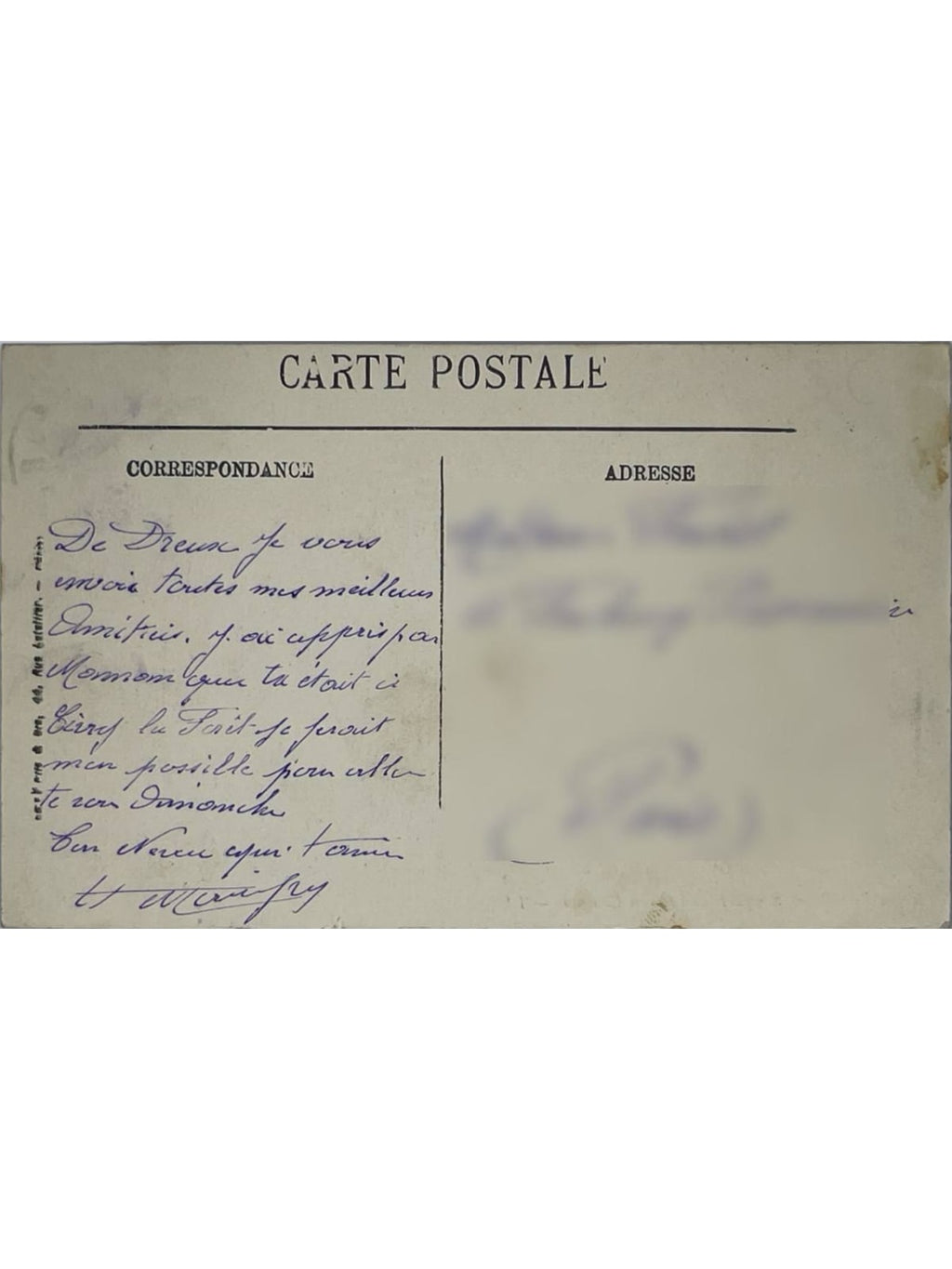 Verso de la carte postale