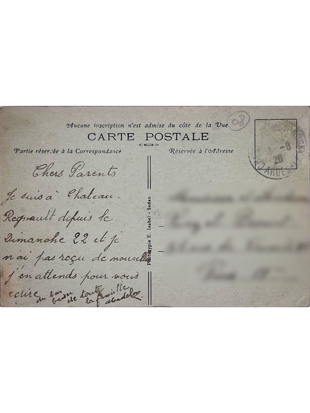 Verso de la carte postale