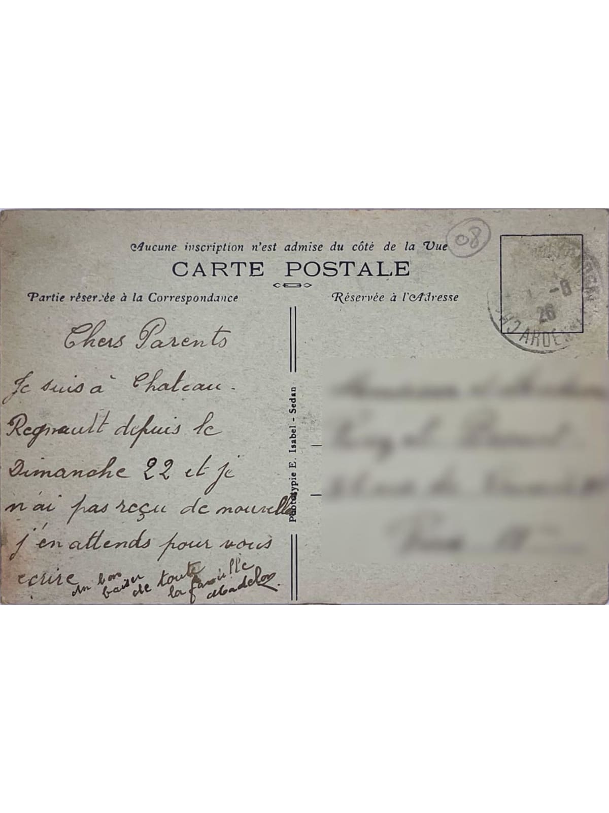 Verso de la carte postale