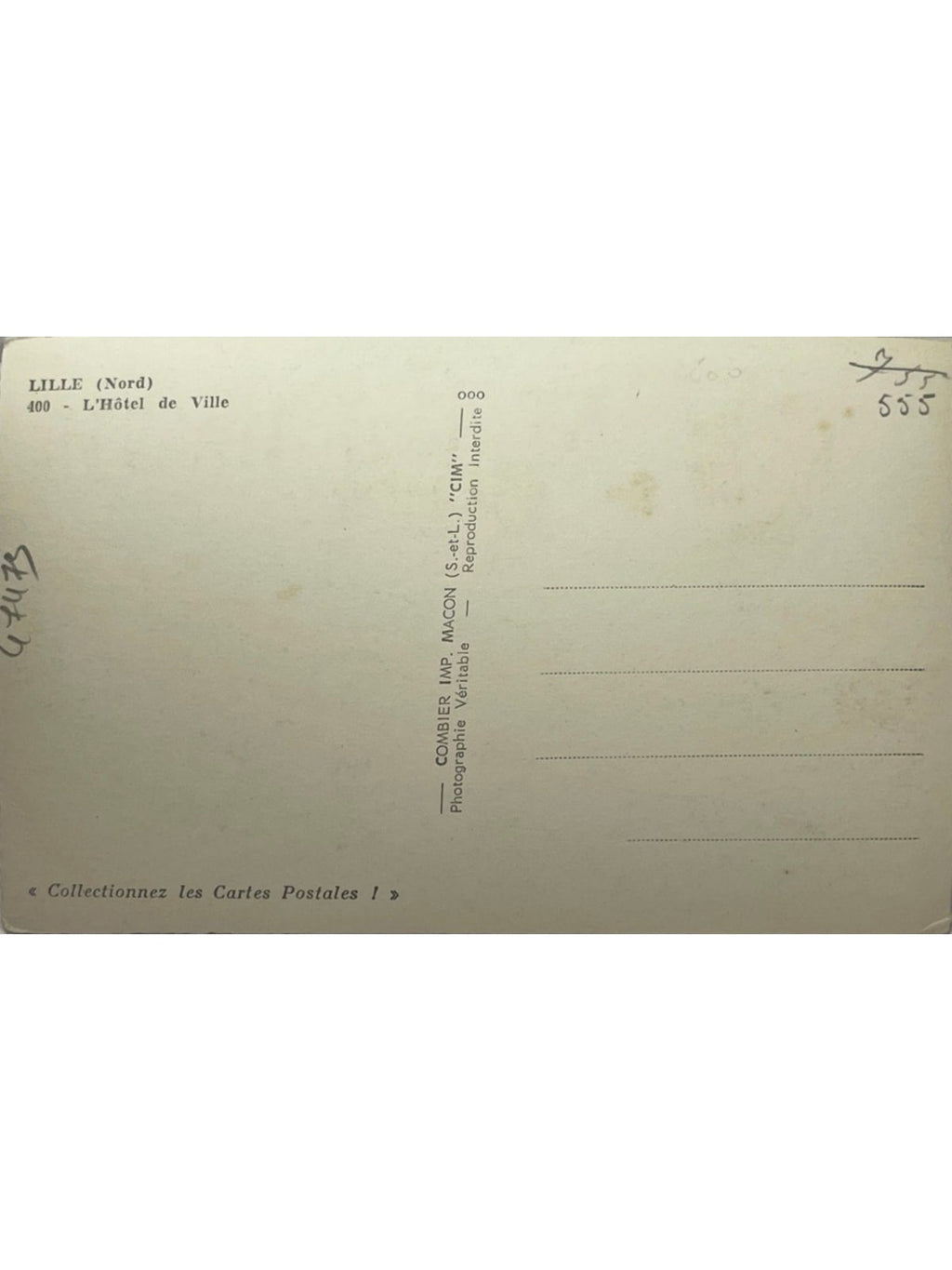 Verso de la carte postale