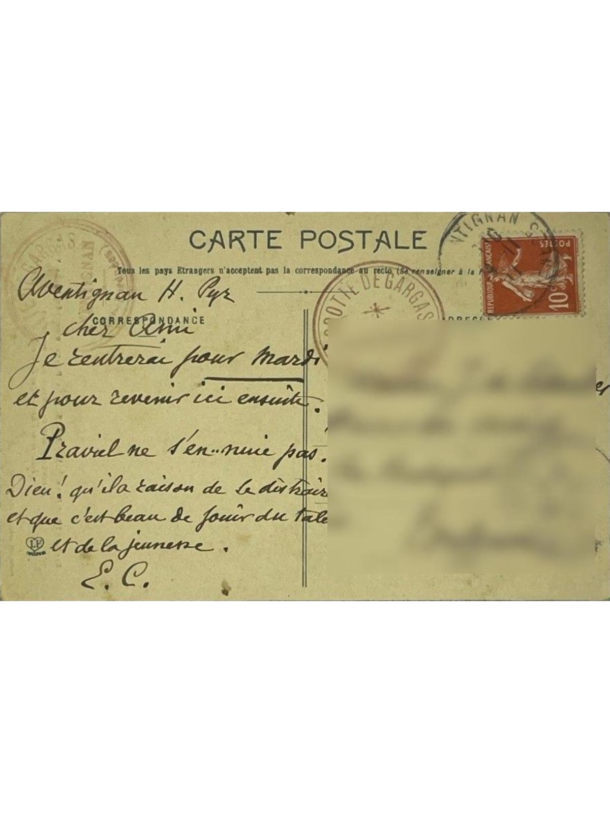 Verso de la carte postale