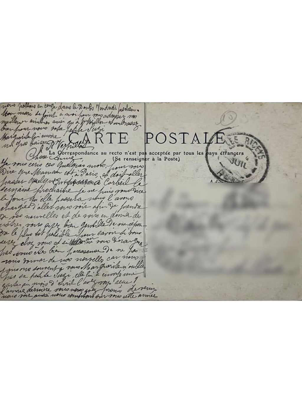 Verso de la carte postale