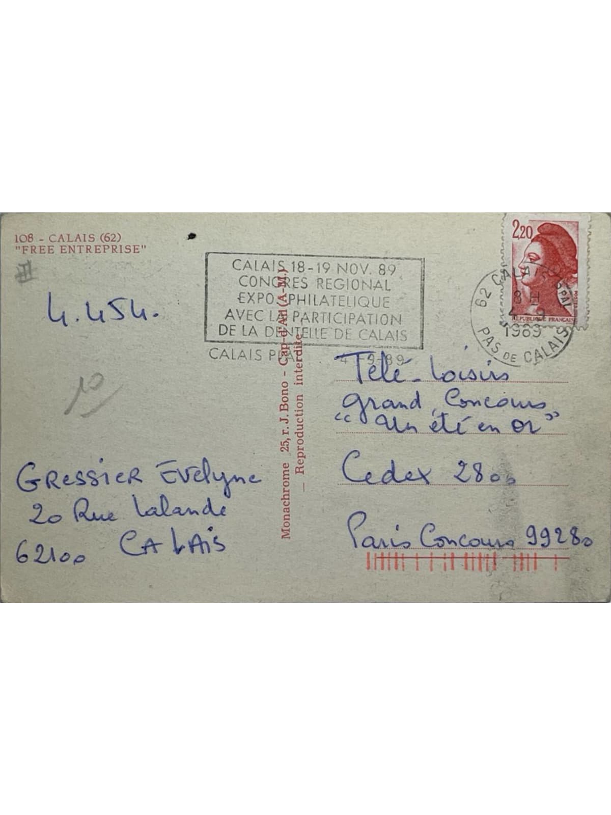 Verso de la carte postale