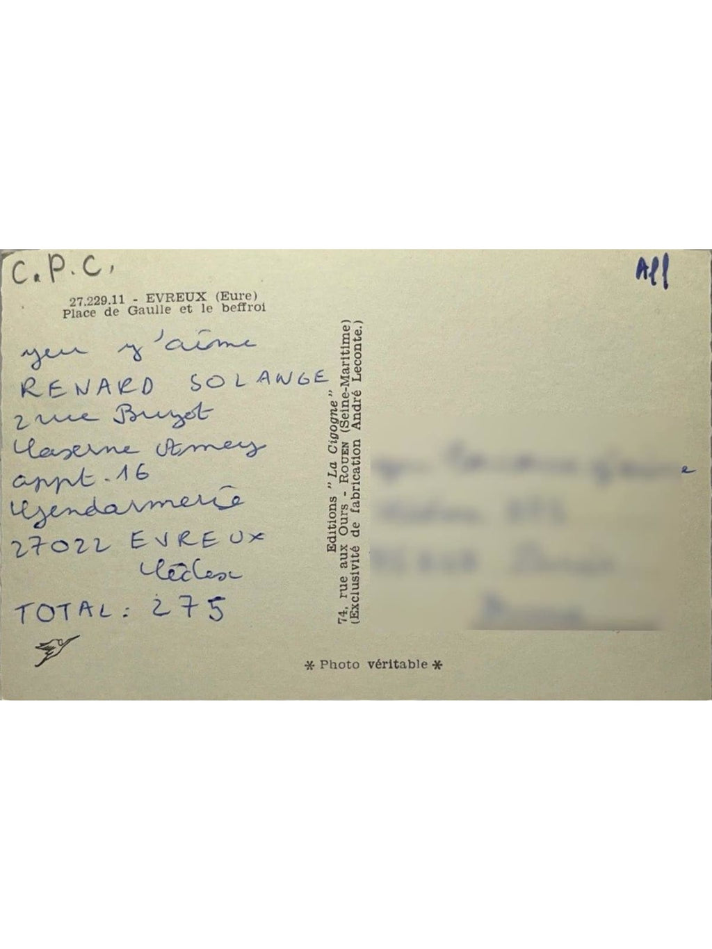 Verso de la carte postale