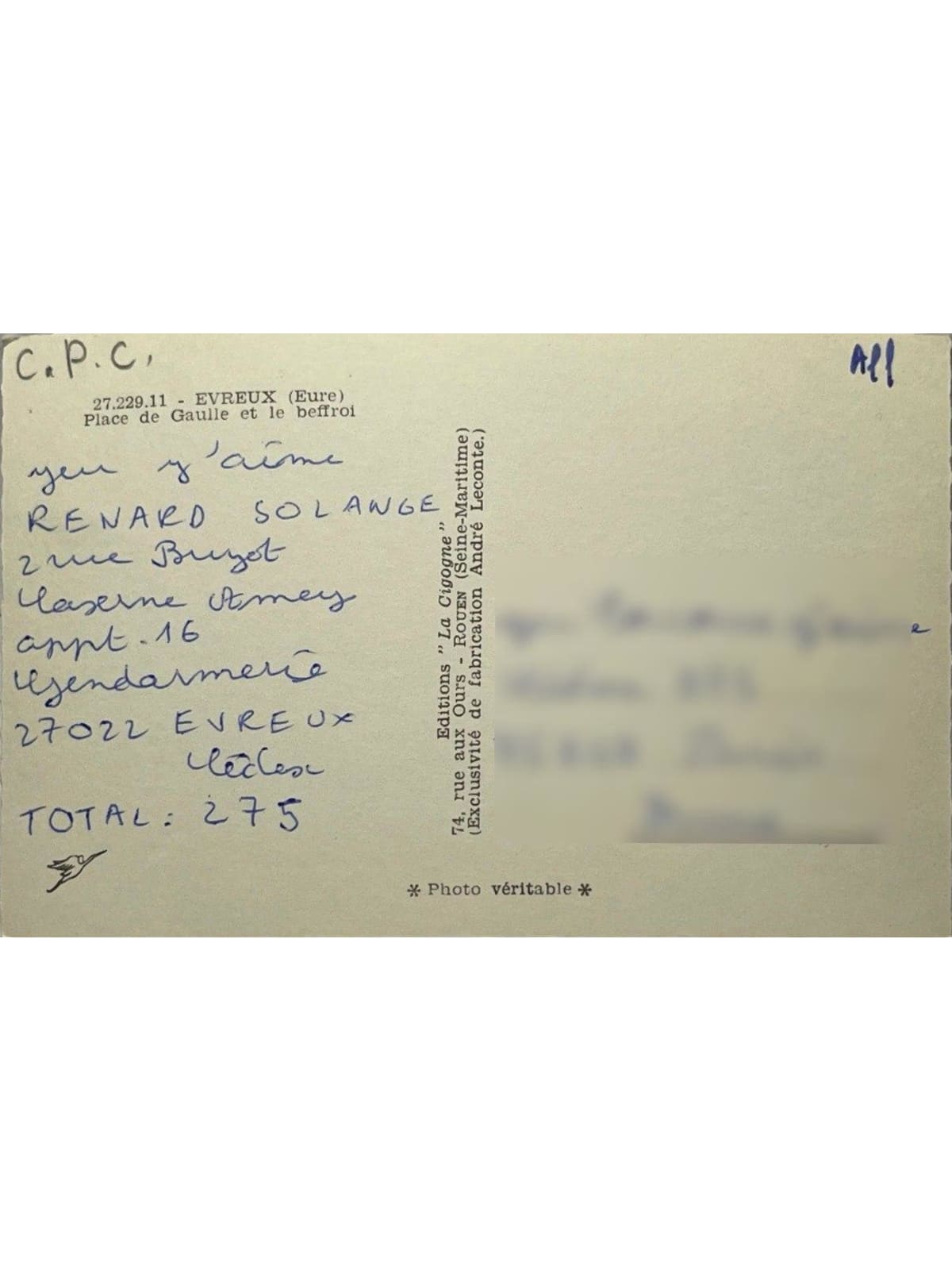Verso de la carte postale