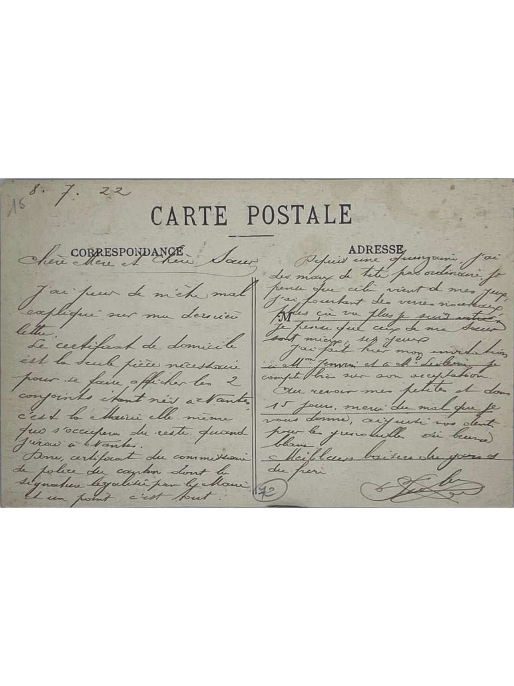 Verso de la carte postale