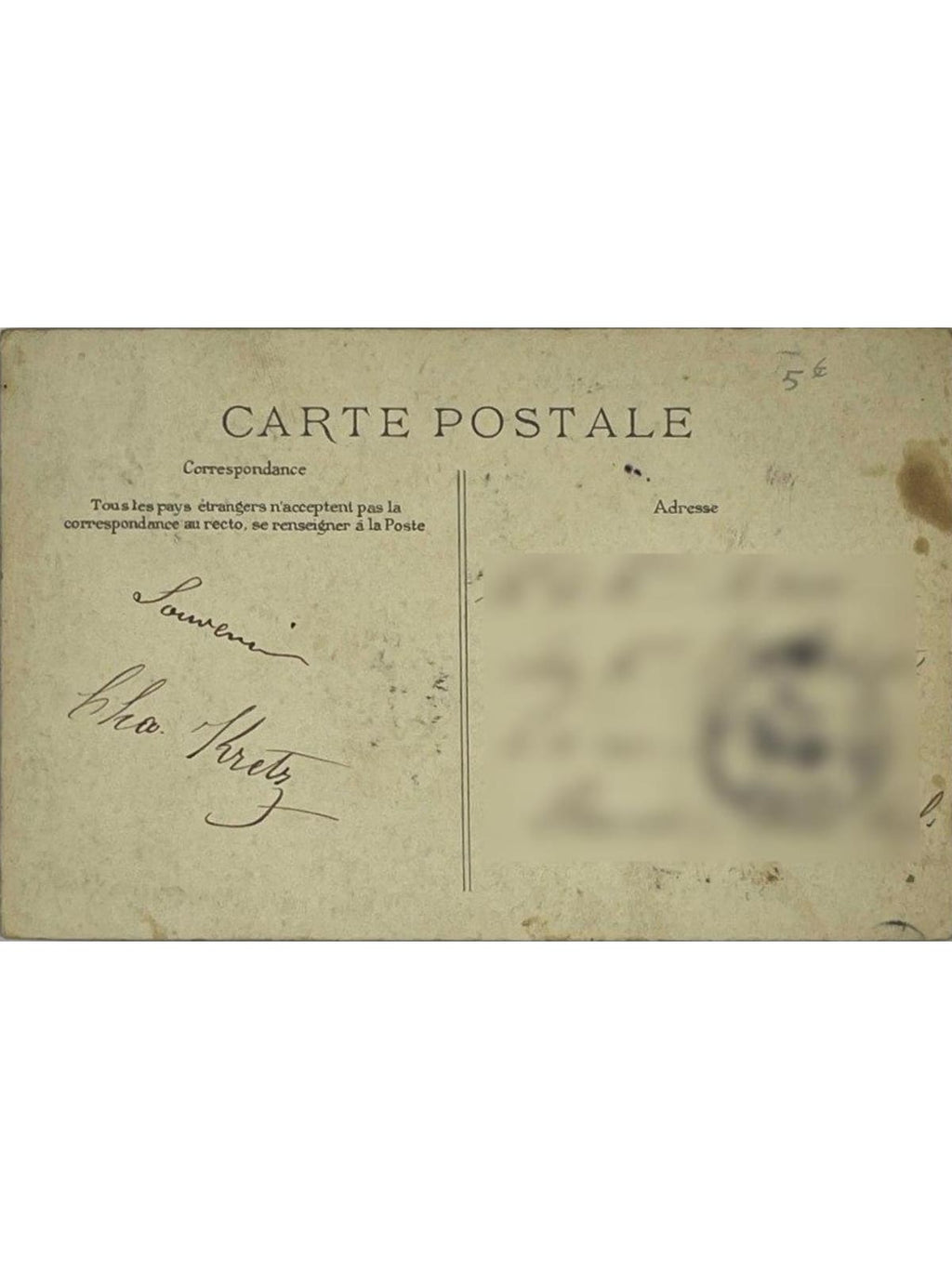 Verso de la carte postale