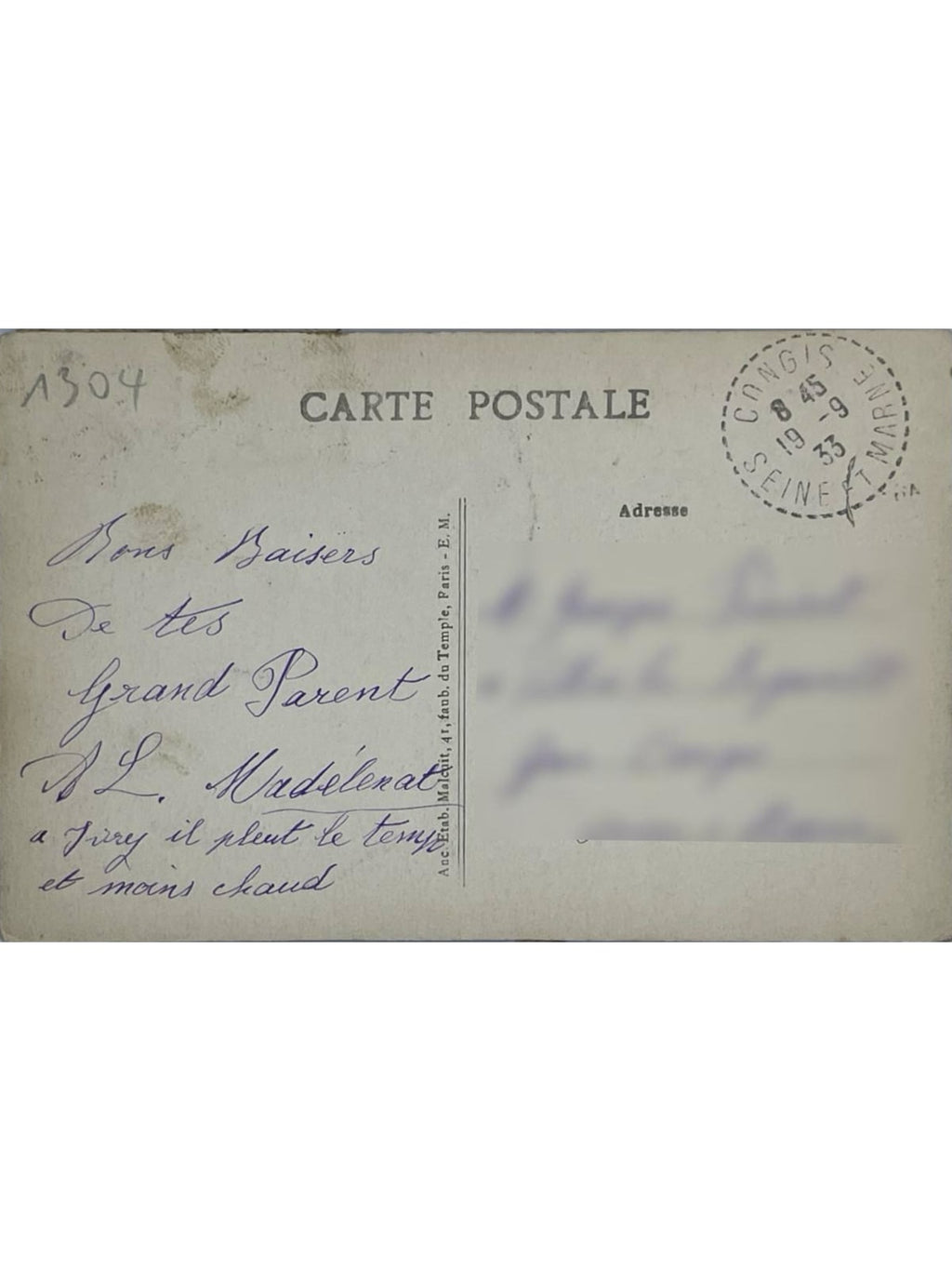 Verso de la carte postale