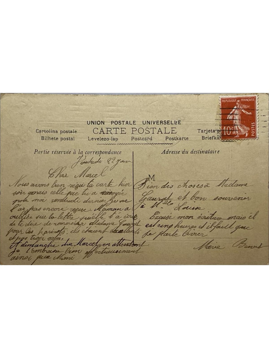 Verso de la carte postale