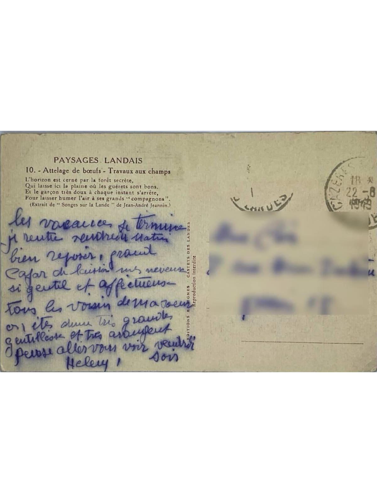 Verso de la carte postale