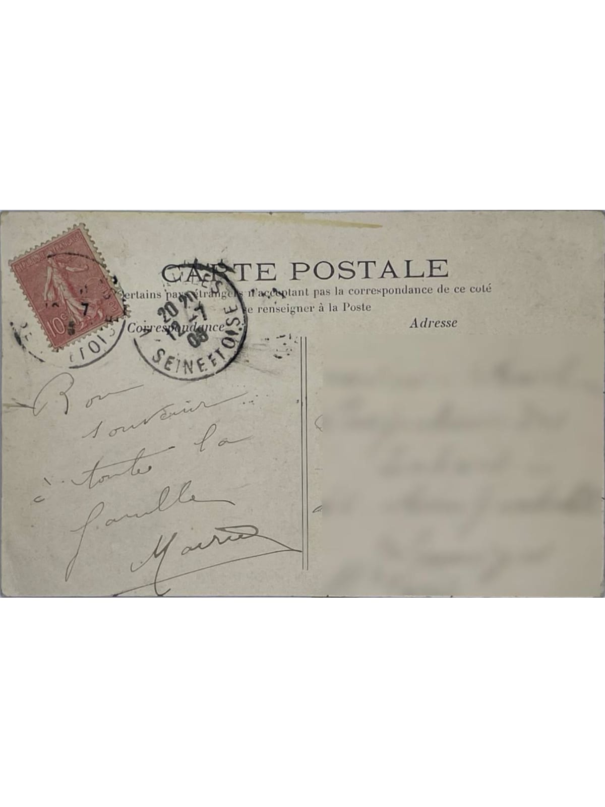 Verso de la carte postale