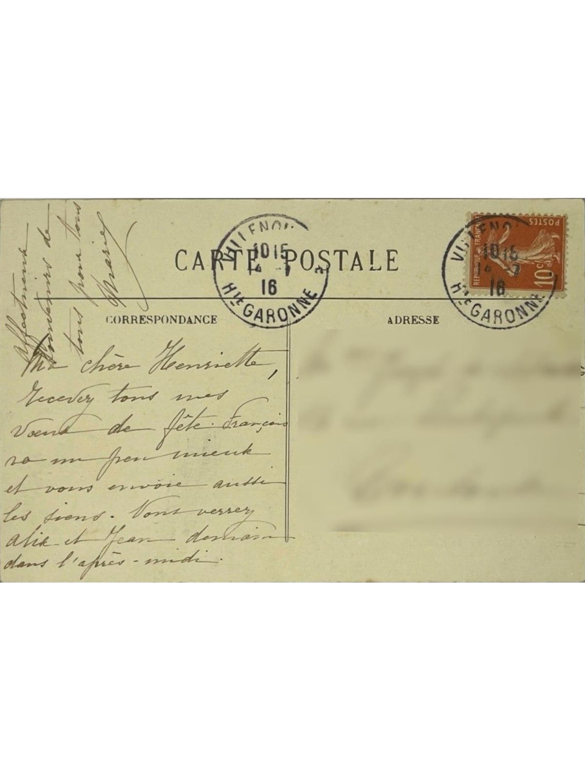 Verso de la carte postale