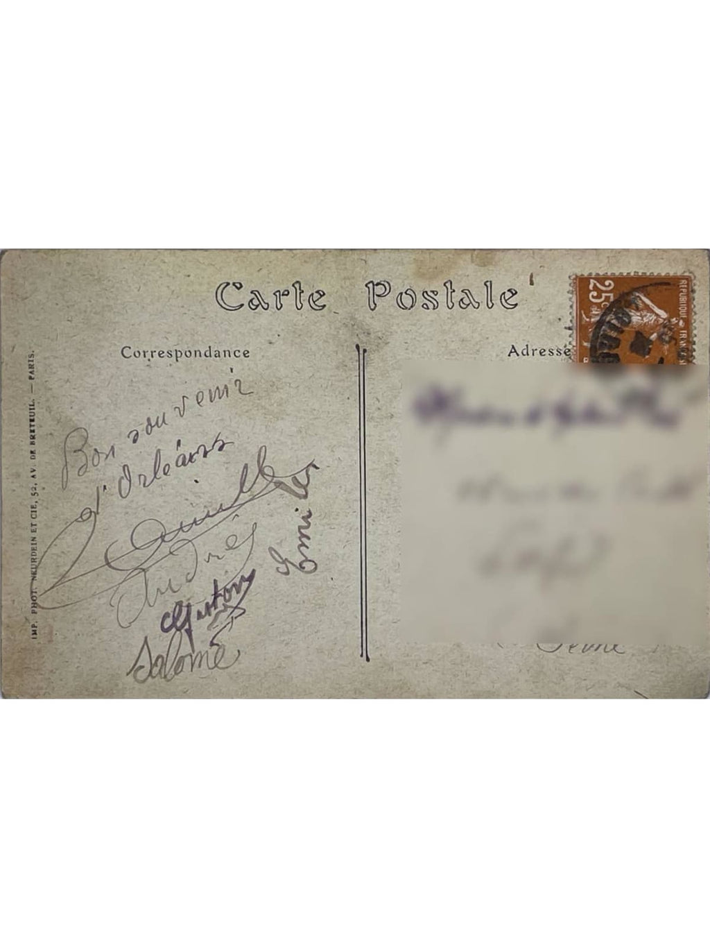 Verso de la carte postale