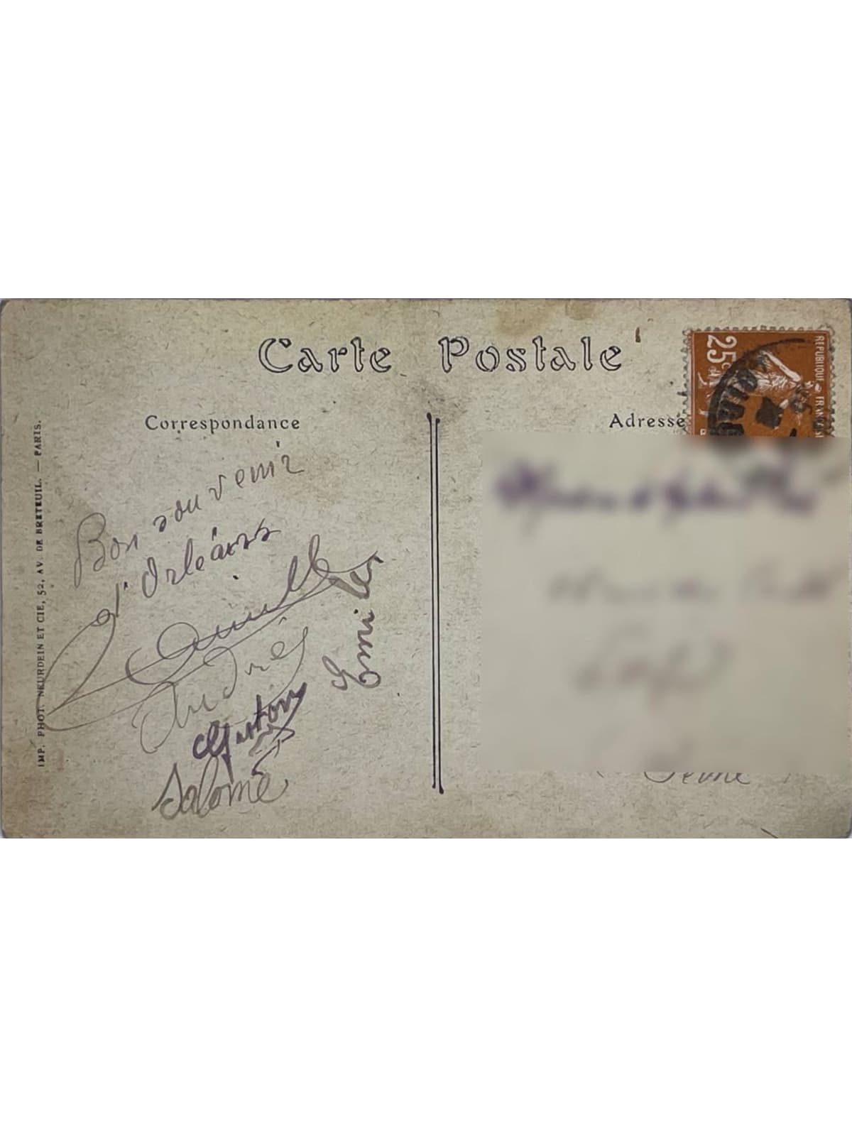 Verso de la carte postale