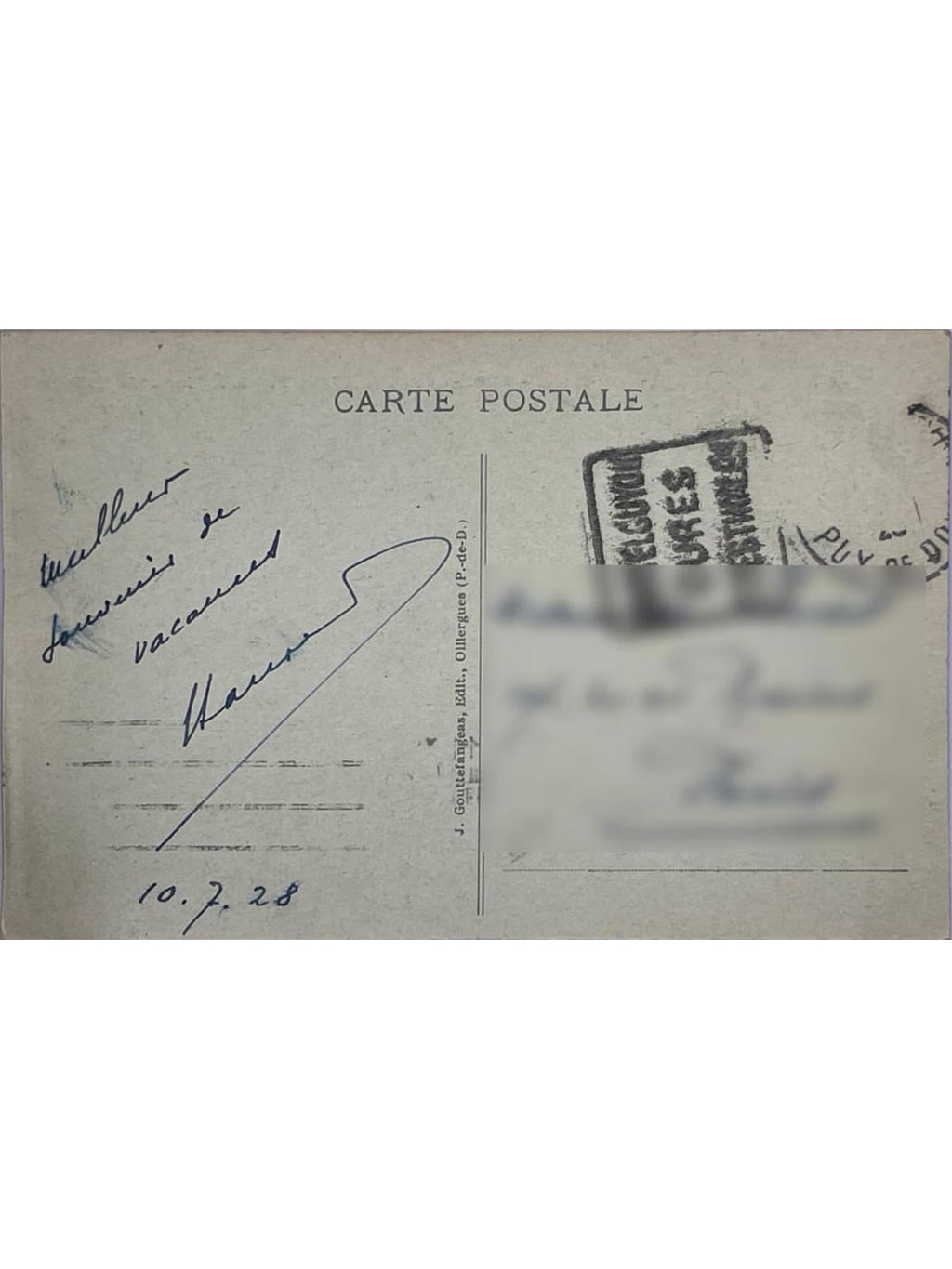 Verso de la carte postale