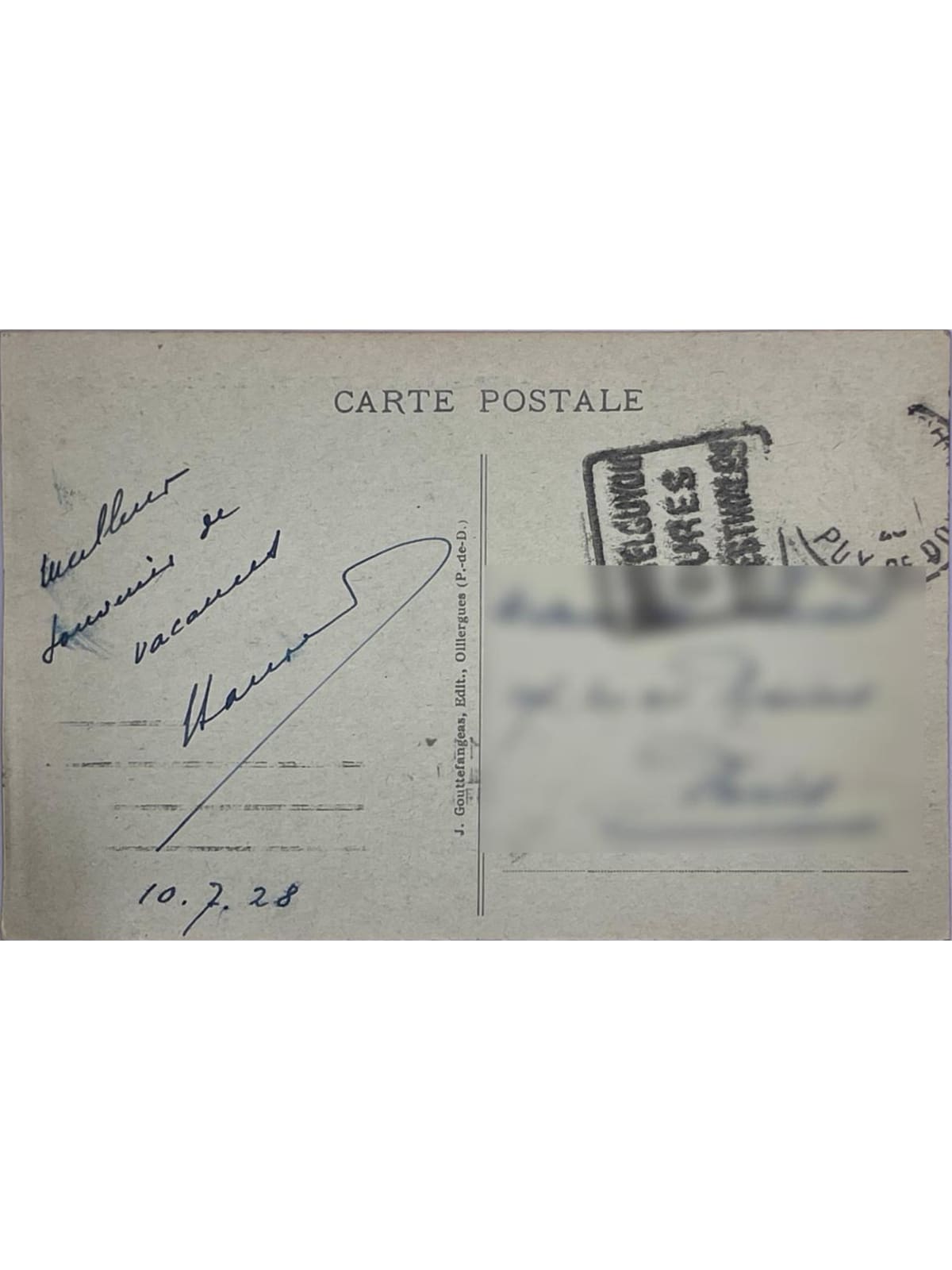 Verso de la carte postale
