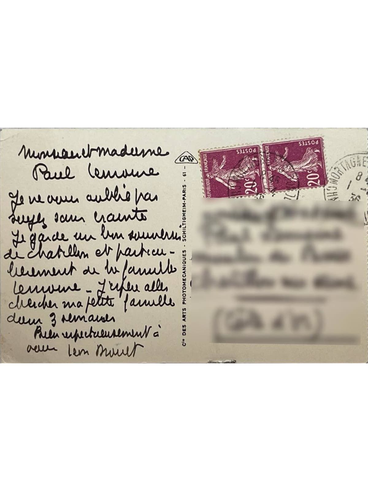 Verso de la carte postale
