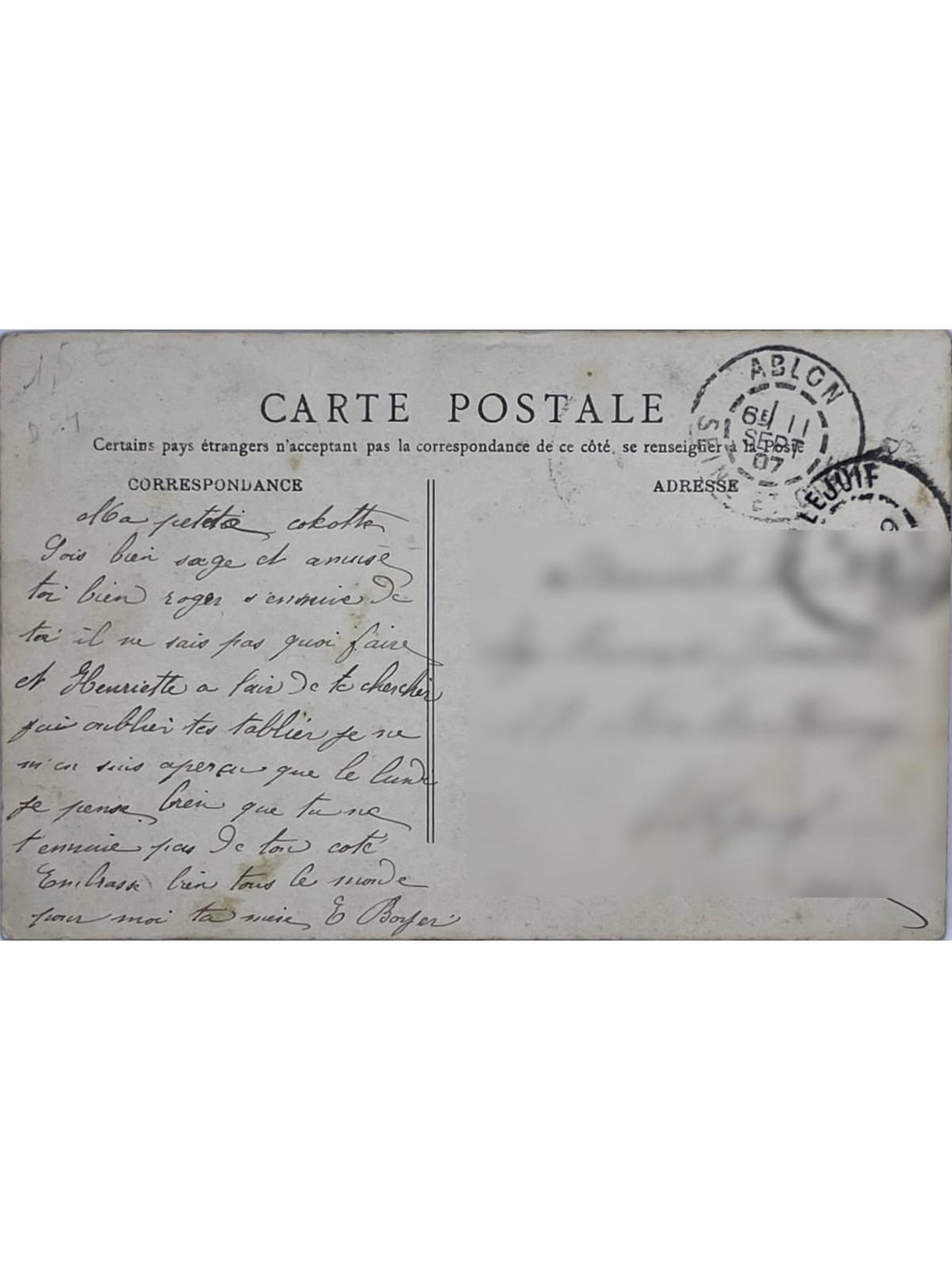 Verso de la carte postale