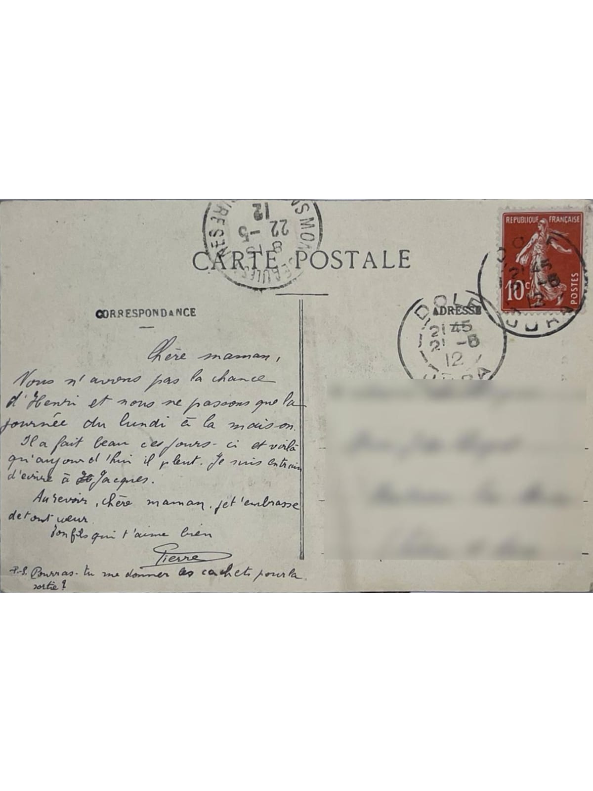 Verso de la carte postale