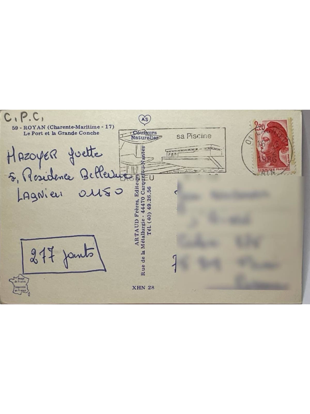 Verso de la carte postale