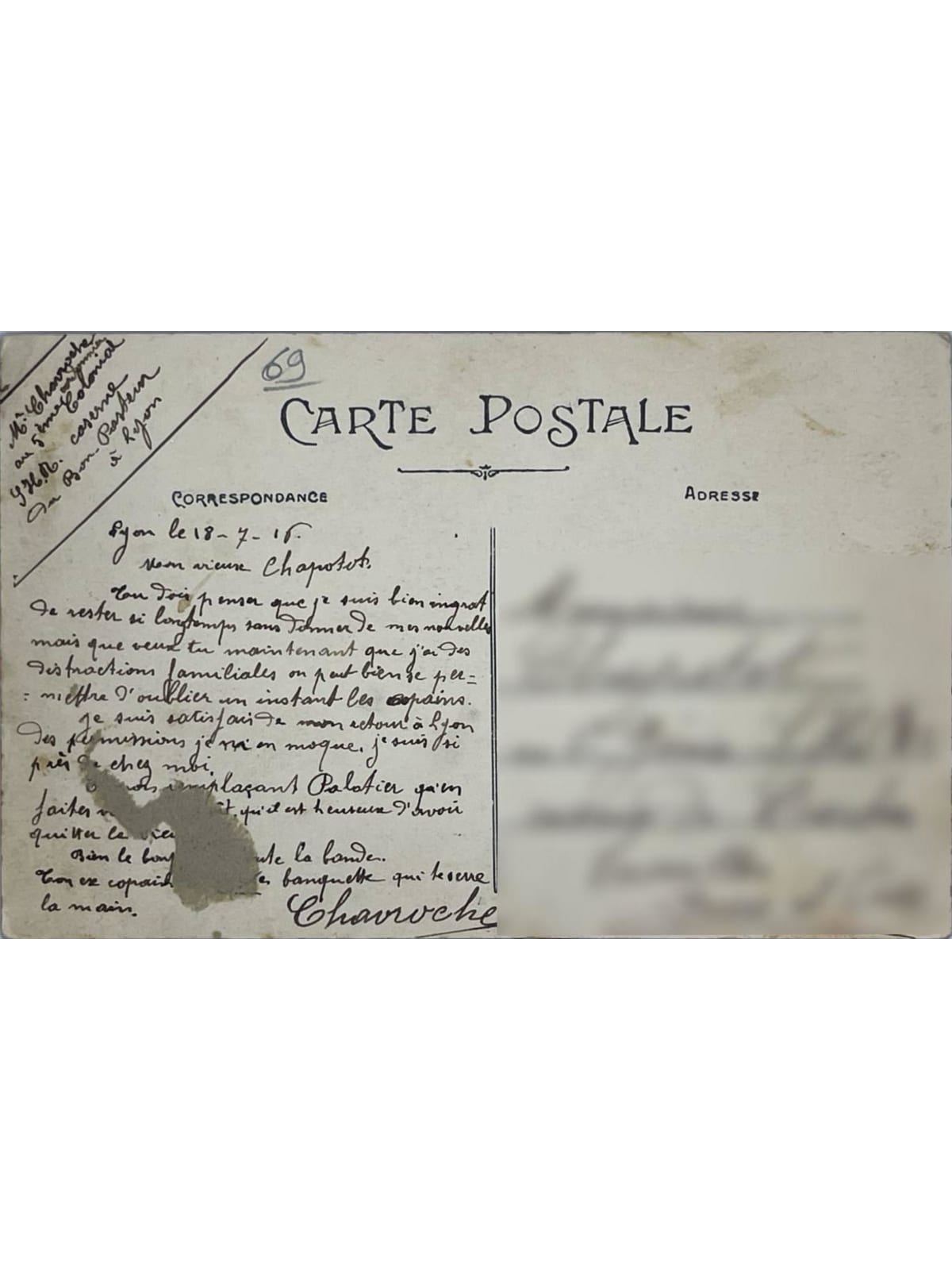 Verso de la carte postale