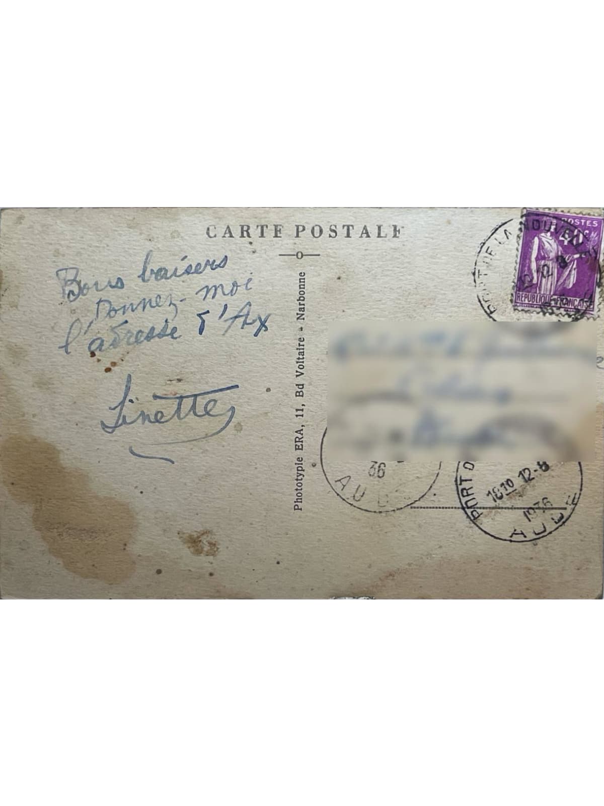 Verso de la carte postale