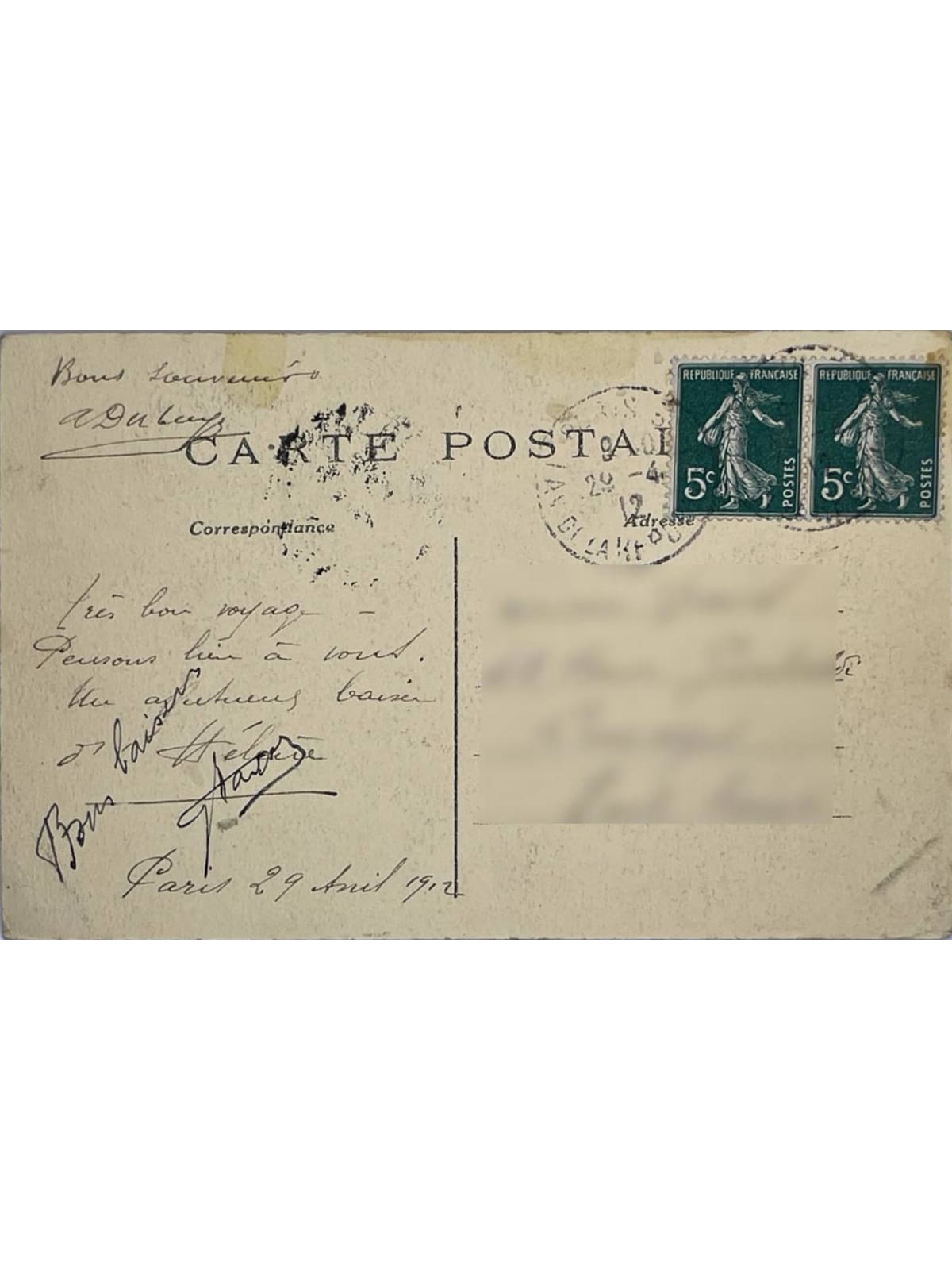 Verso de la carte postale