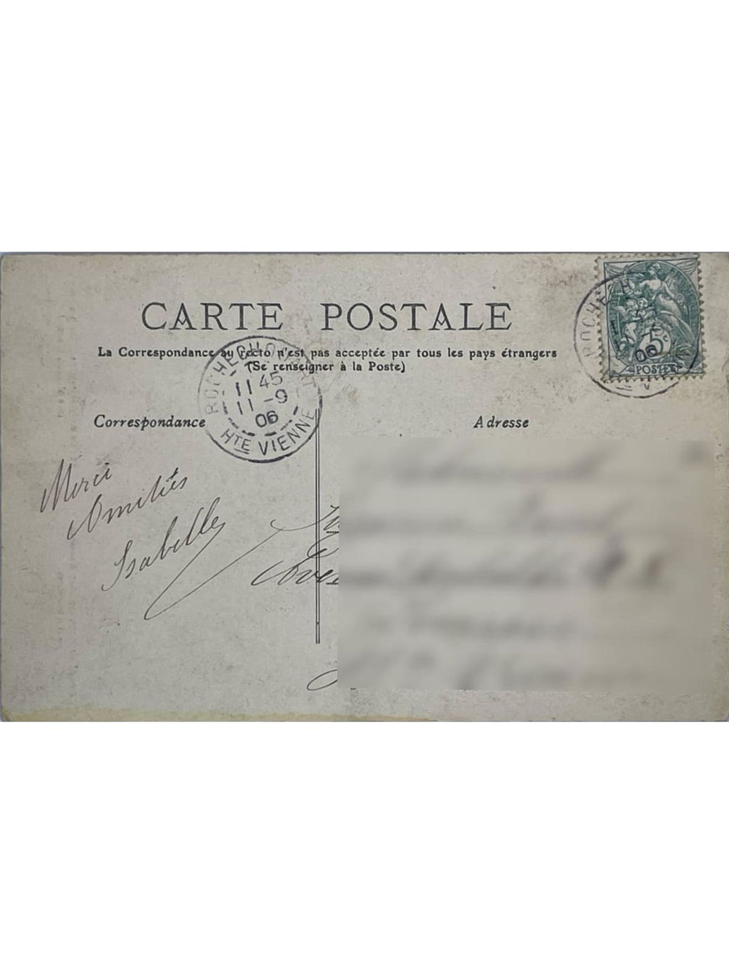 Verso de la carte postale
