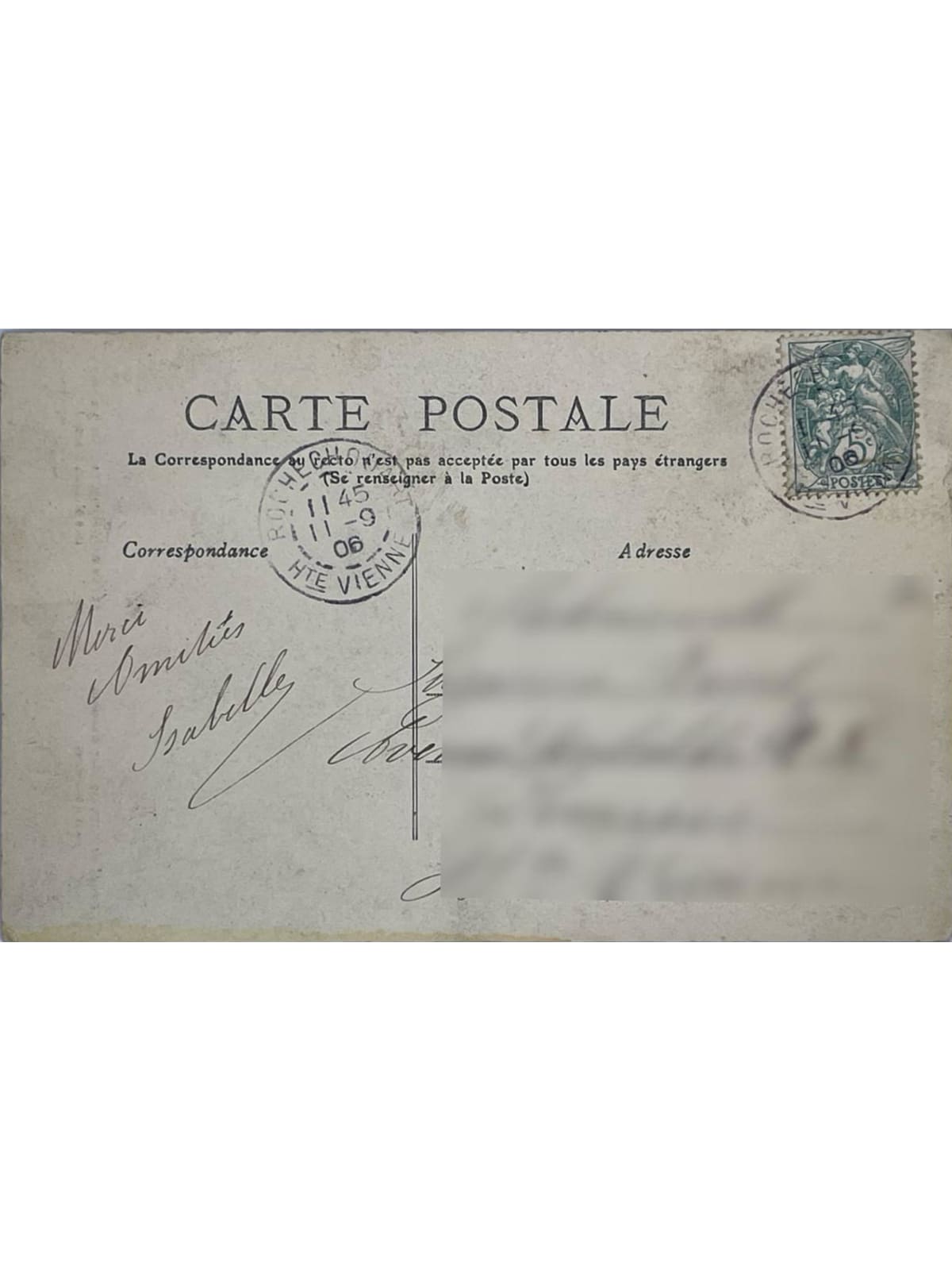 Verso de la carte postale