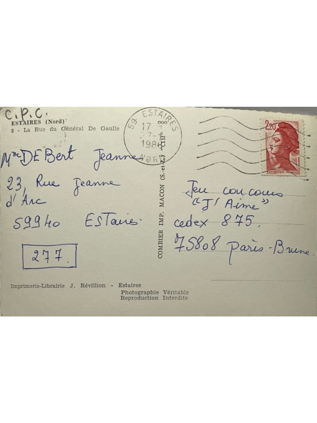 Verso de la carte postale
