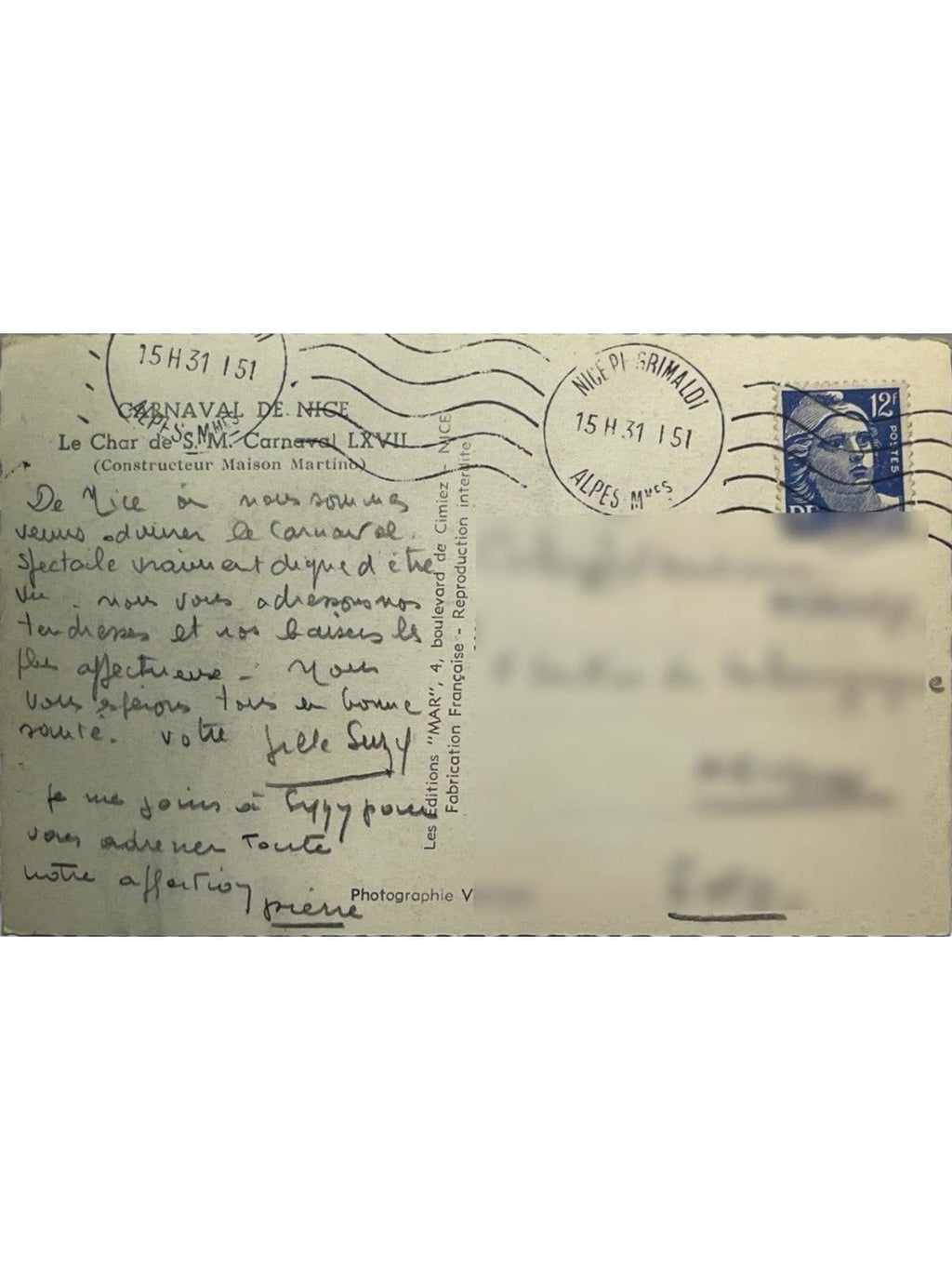 Verso de la carte postale