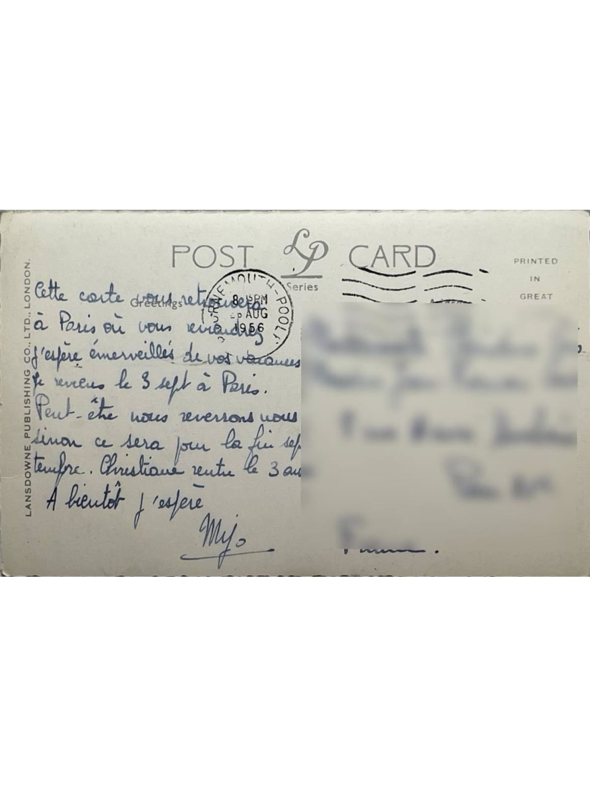 Verso de la carte postale