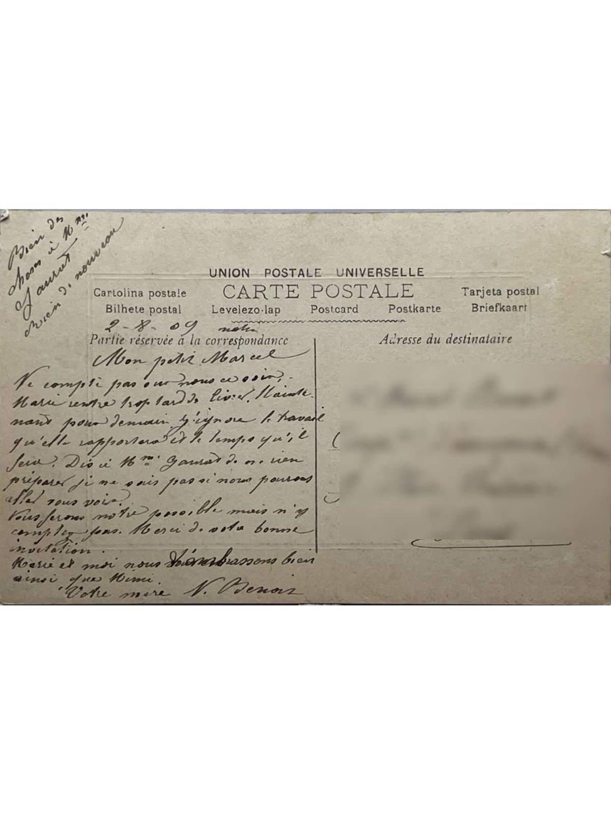 Verso de la carte postale