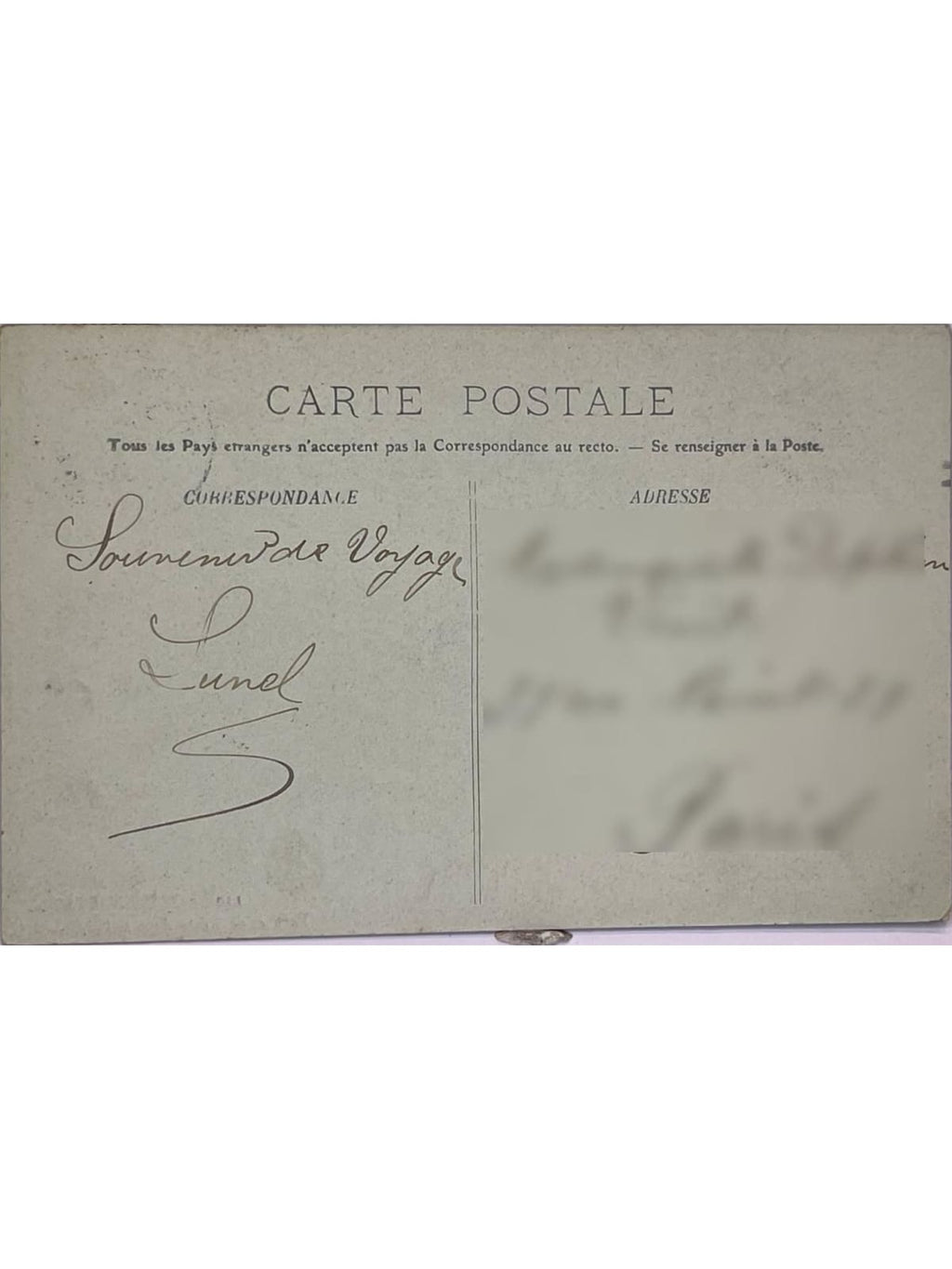 Verso de la carte postale